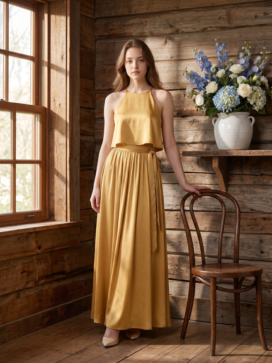 Gold Satin A-Line Halter Back Zip Ankle-Length Bridesmaid Dress with Pleats
