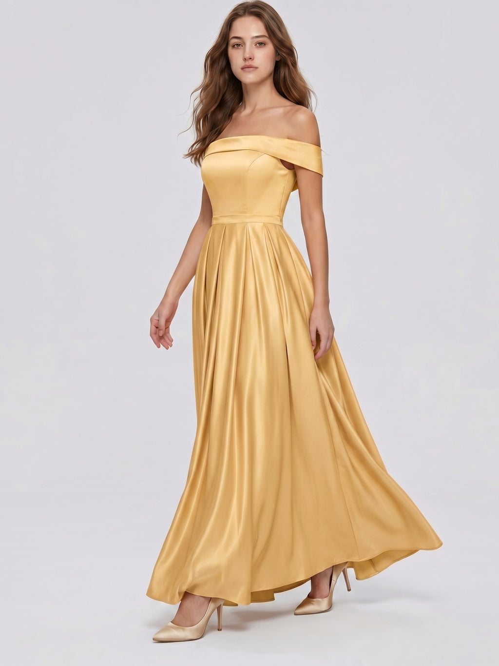 Gold Satin A-Line Off-the-Shoulder Back Zip Floor-Length Bridesmaid Dress with Pleats