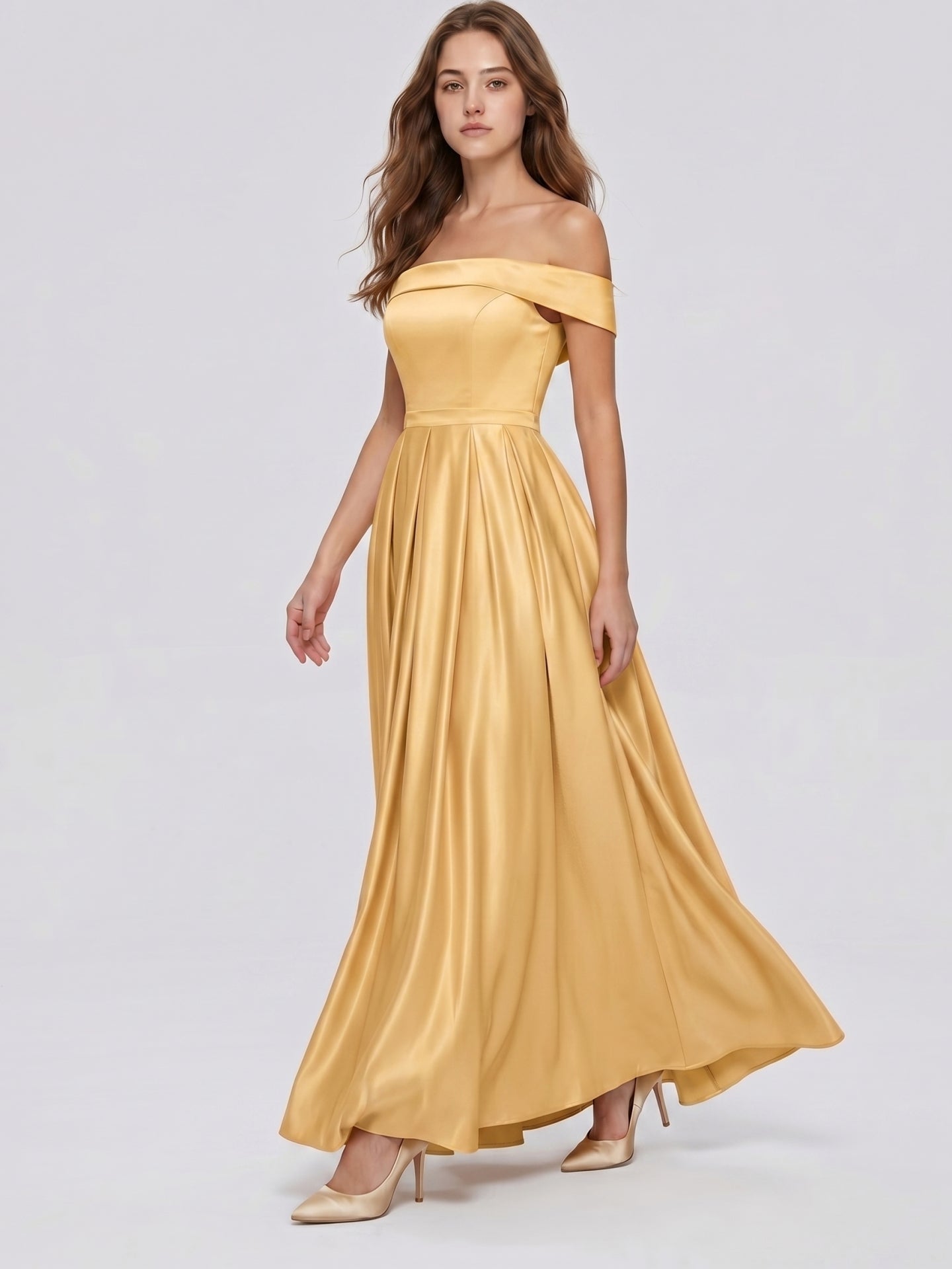Gold Satin A-Line Off-the-Shoulder Back Zip Floor-Length Bridesmaid Dress with Pleats