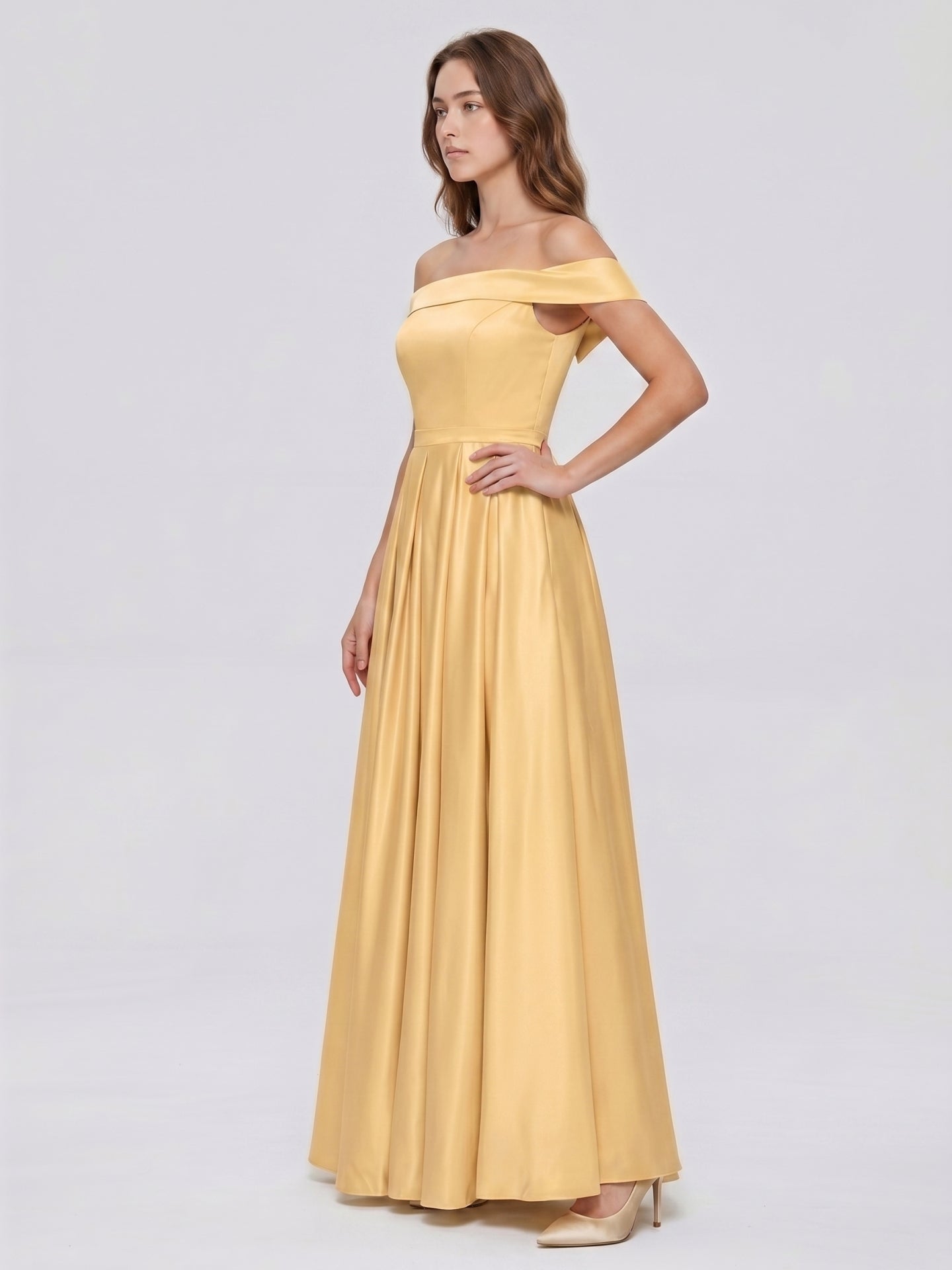 Gold Satin A-Line Off-the-Shoulder Back Zip Floor-Length Bridesmaid Dress with Pleats