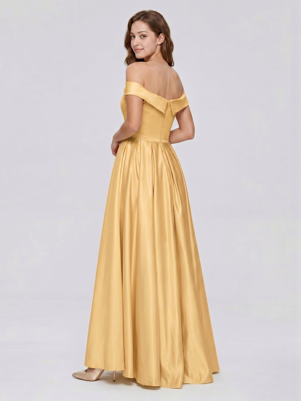 Gold Satin A-Line Off-the-Shoulder Back Zip Floor-Length Bridesmaid Dress with Pleats