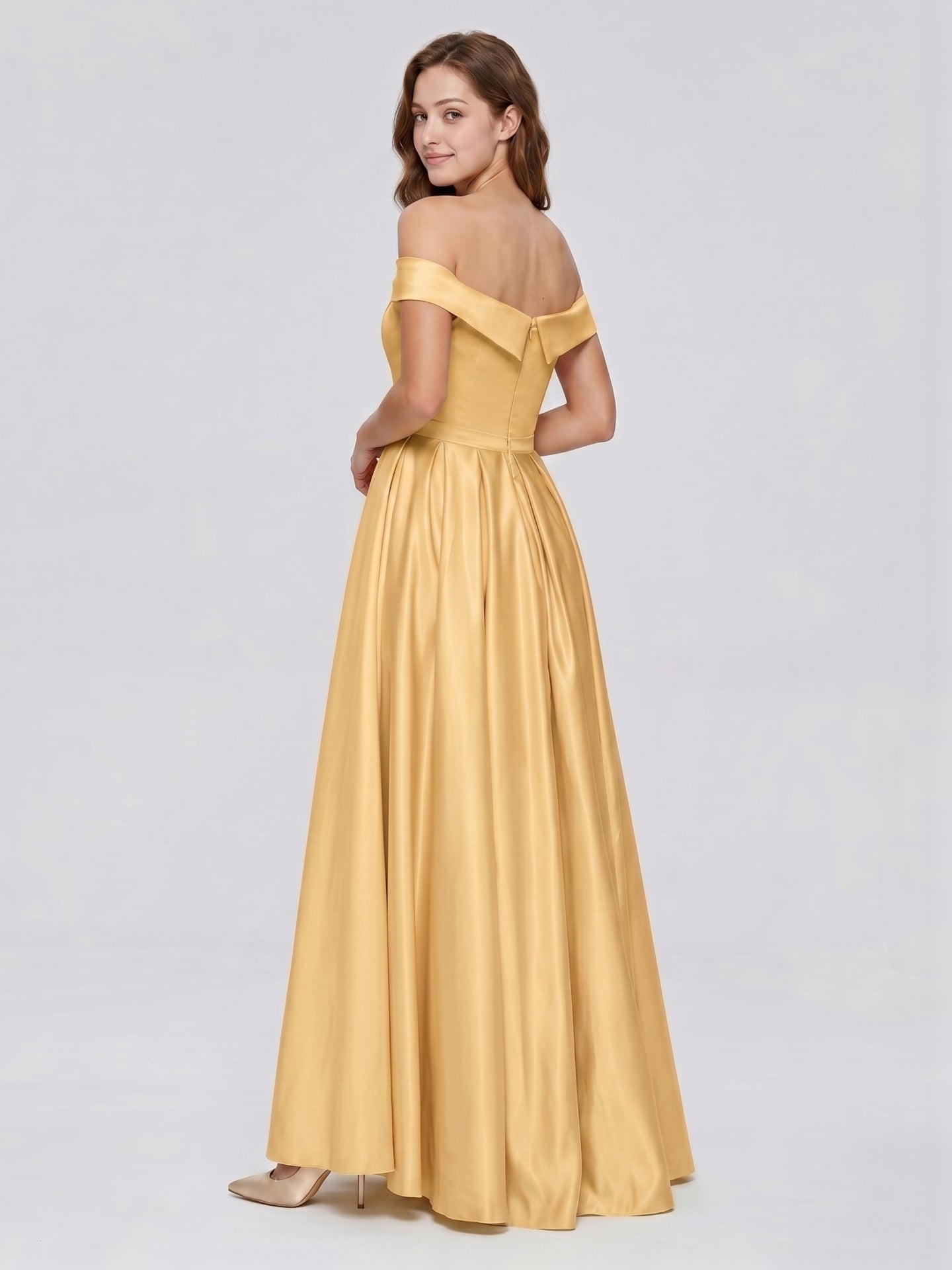 Gold Satin A-Line Off-the-Shoulder Back Zip Floor-Length Bridesmaid Dress with Pleats