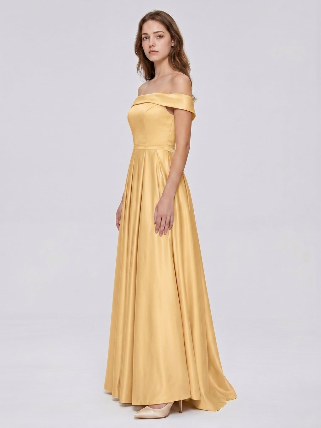 Gold Satin A-Line Off-the-Shoulder Back Zip Floor-Length Bridesmaid Dress with Pleats