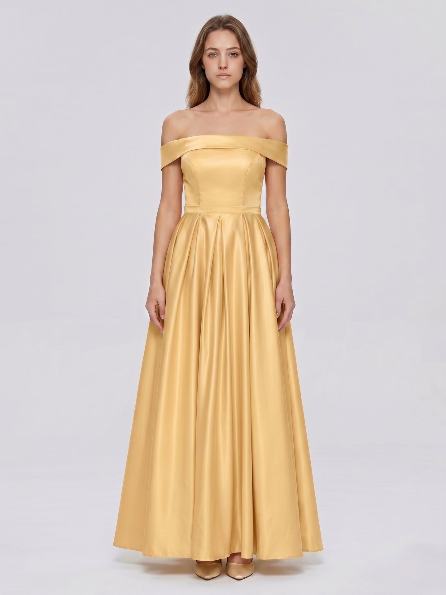 Gold Satin A-Line Off-the-Shoulder Back Zip Floor-Length Bridesmaid Dress with Pleats