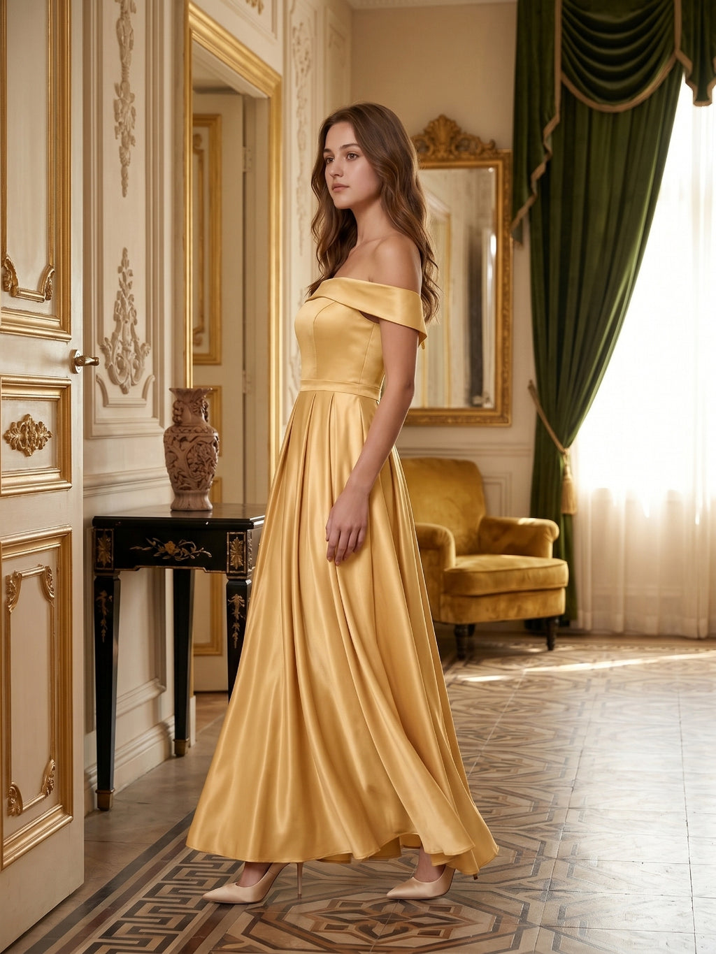 Gold Satin A-Line Off-the-Shoulder Back Zip Floor-Length Bridesmaid Dress with Pleats