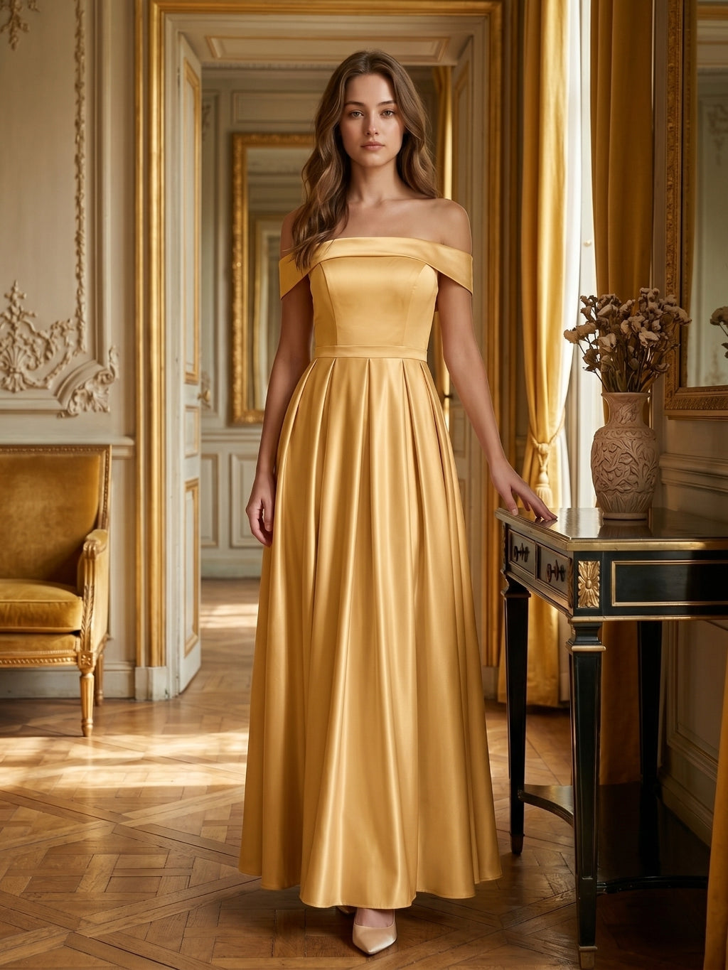 Gold Satin A-Line Off-the-Shoulder Back Zip Floor-Length Bridesmaid Dress with Pleats