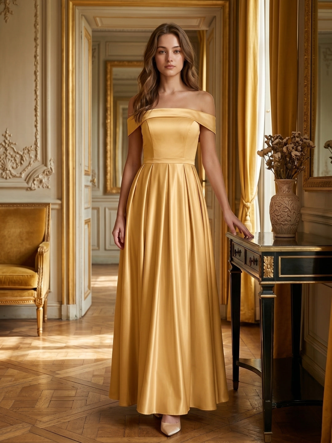 Gold Satin A-Line Off-the-Shoulder Back Zip Floor-Length Bridesmaid Dress with Pleats