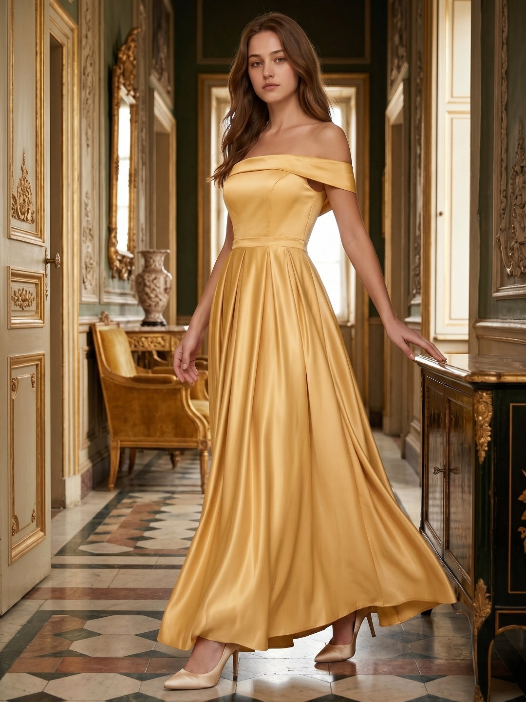 Gold Satin A-Line Off-the-Shoulder Back Zip Floor-Length Bridesmaid Dress with Pleats