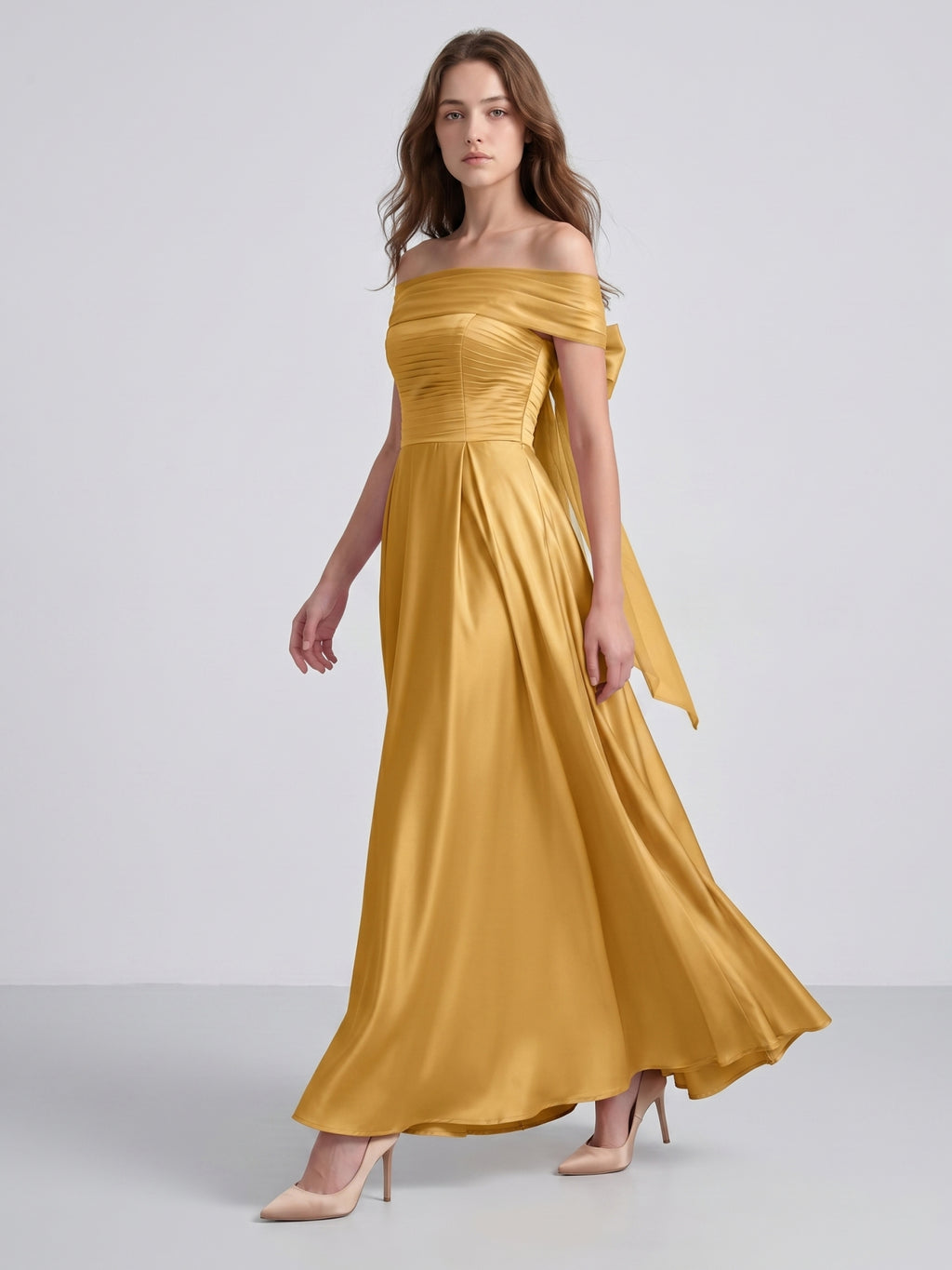 Gold Satin A-Line Off-the-Shoulder Bow Floor-Length Bridesmaid Dress with Pleats