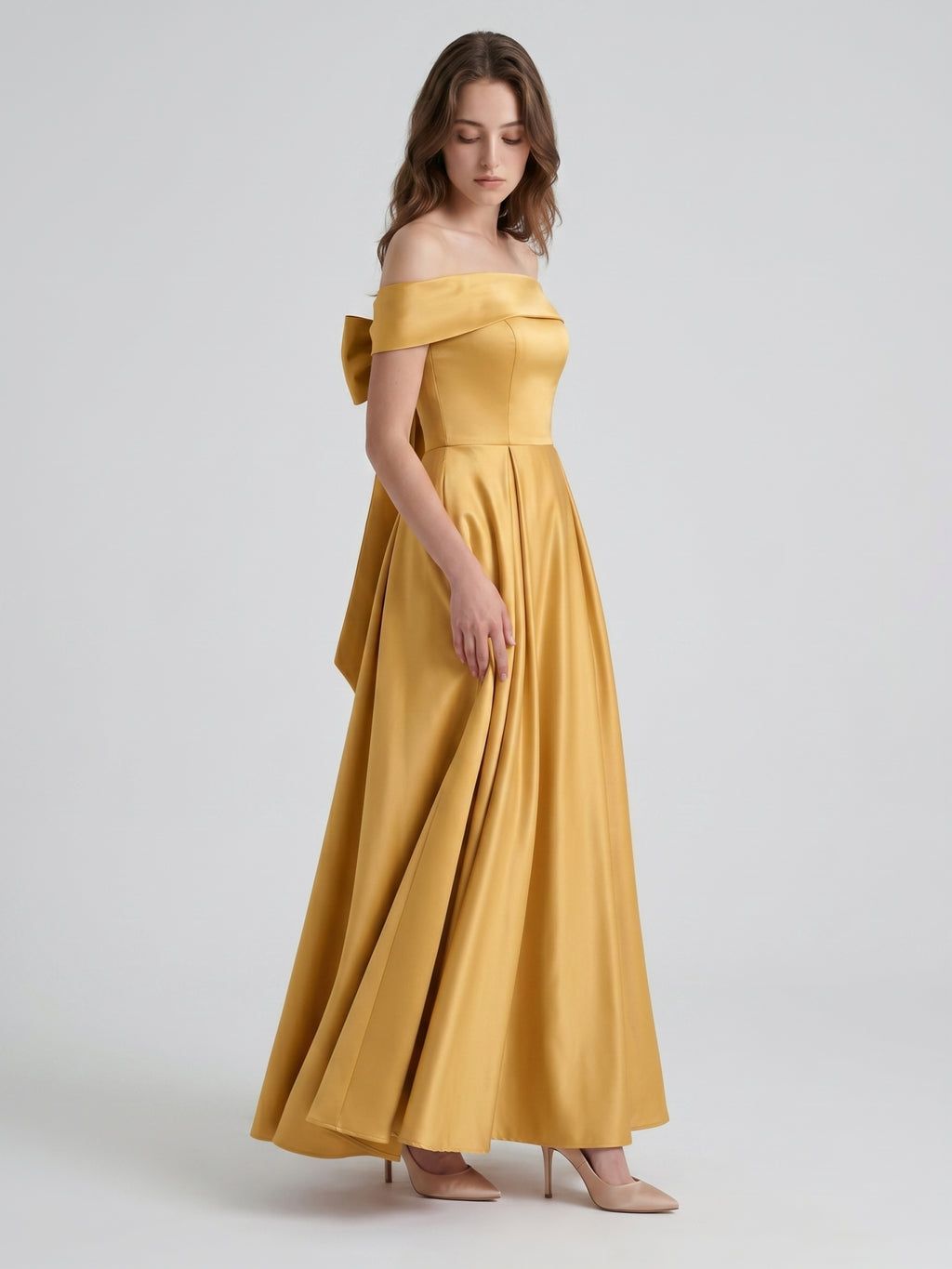 Gold Satin A-Line Off-the-Shoulder Bow Floor-Length Bridesmaid Dress with Pleats