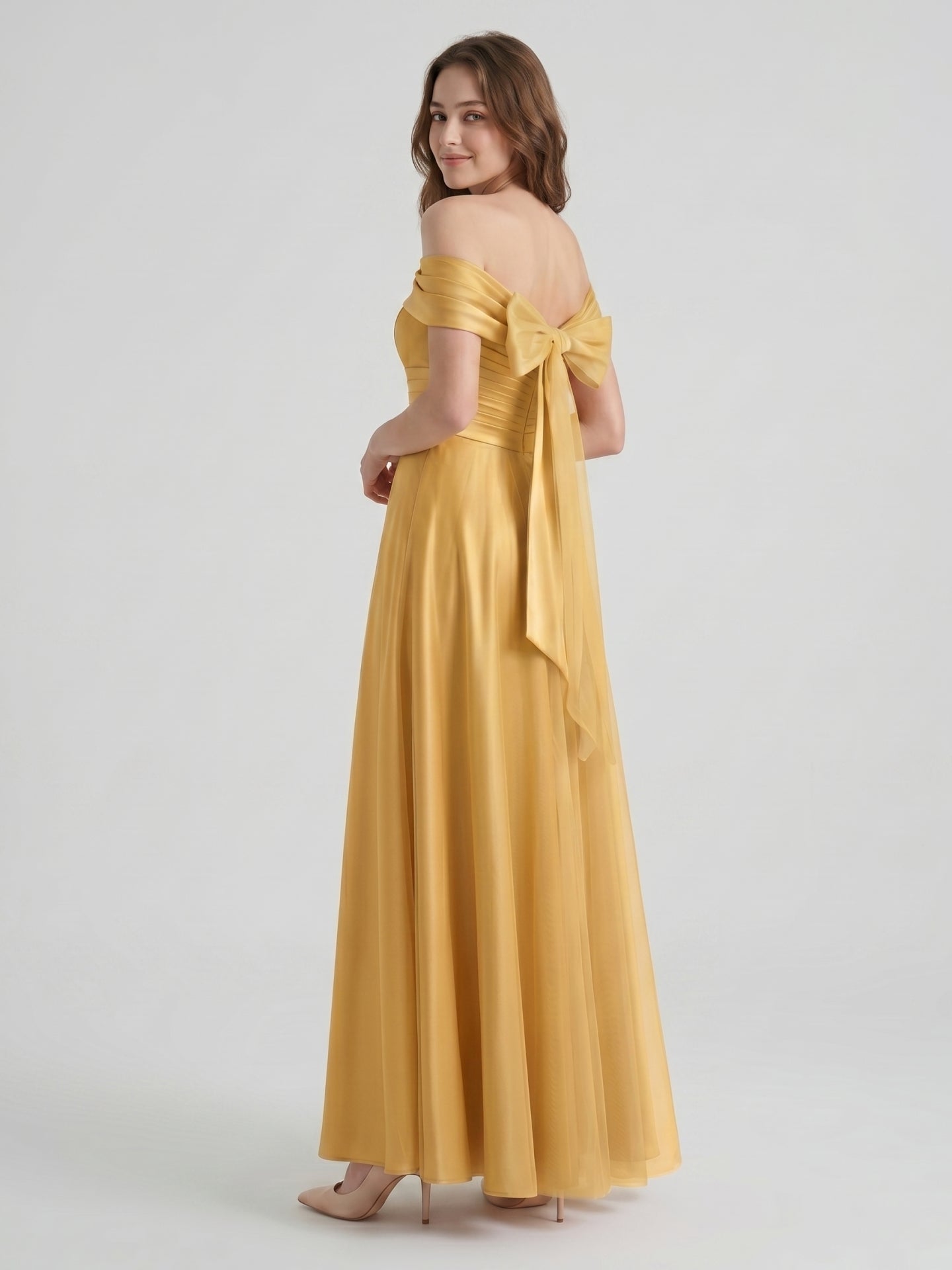 Gold Satin A-Line Off-the-Shoulder Bow Floor-Length Bridesmaid Dress with Pleats