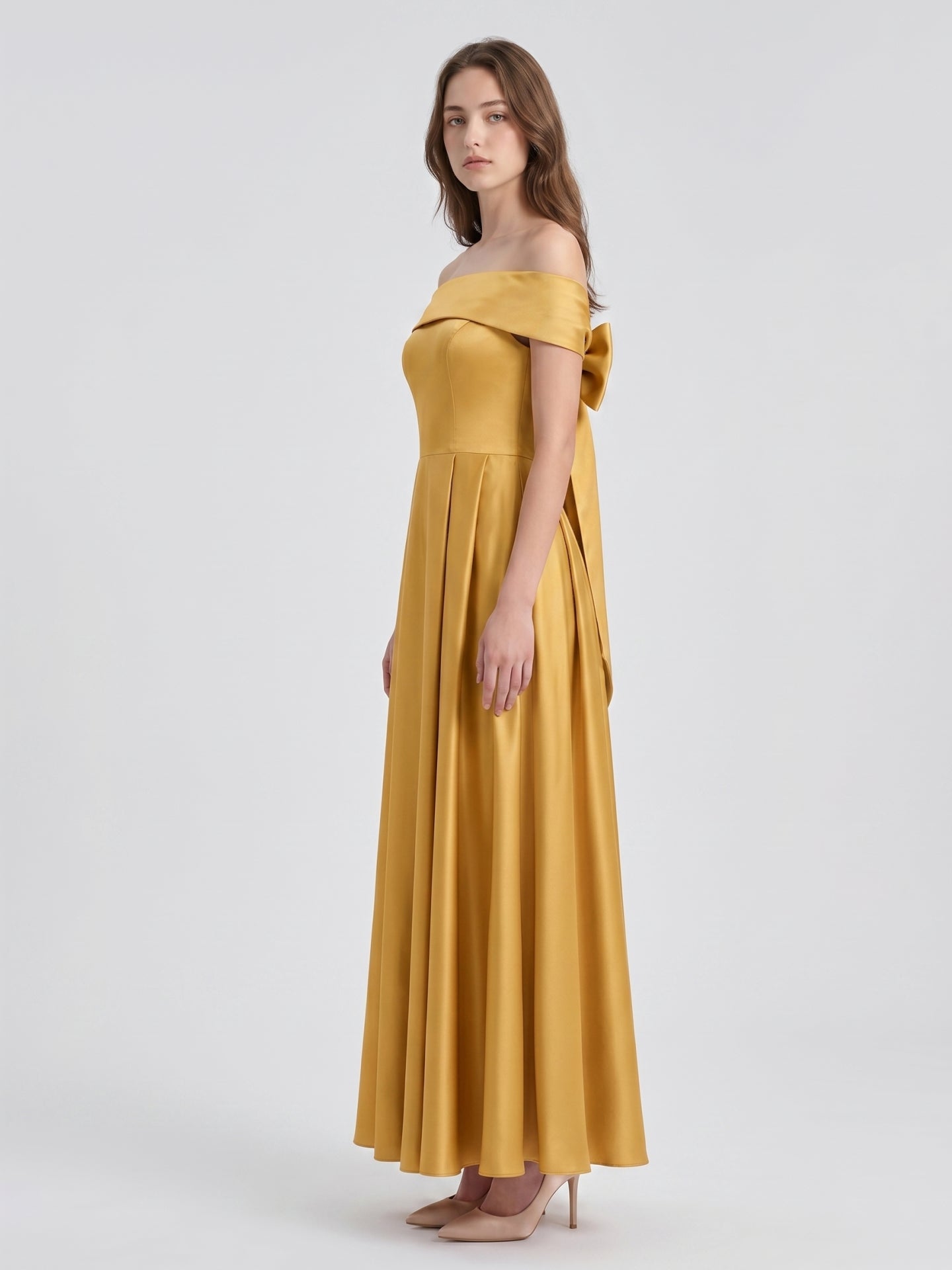 Gold Satin A-Line Off-the-Shoulder Bow Floor-Length Bridesmaid Dress with Pleats