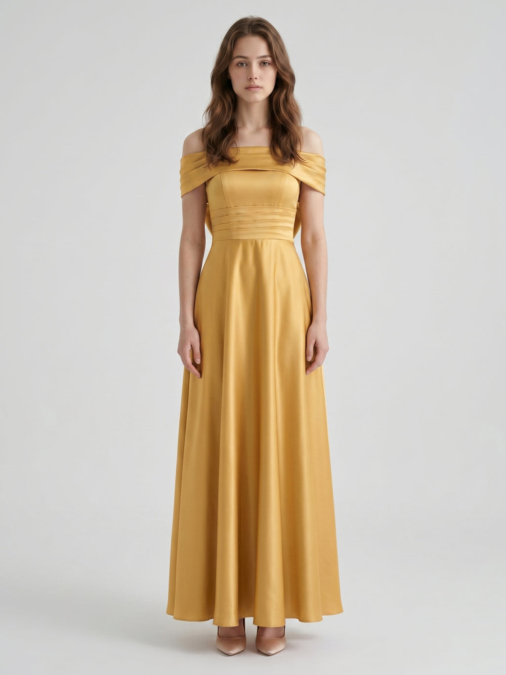 Gold Satin A-Line Off-the-Shoulder Bow Floor-Length Bridesmaid Dress with Pleats
