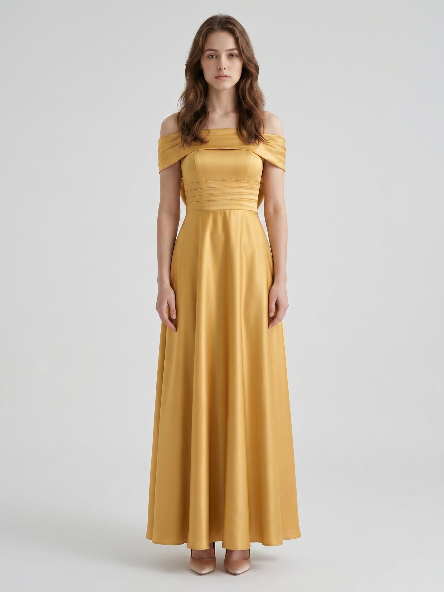Gold Satin A-Line Off-the-Shoulder Bow Floor-Length Bridesmaid Dress with Pleats