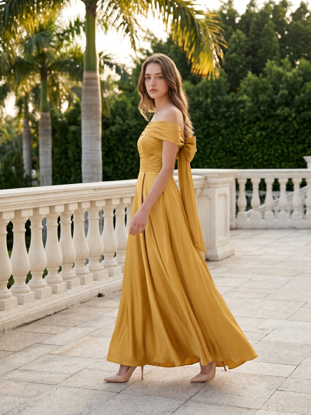 Gold Satin A-Line Off-the-Shoulder Bow Floor-Length Bridesmaid Dress with Pleats