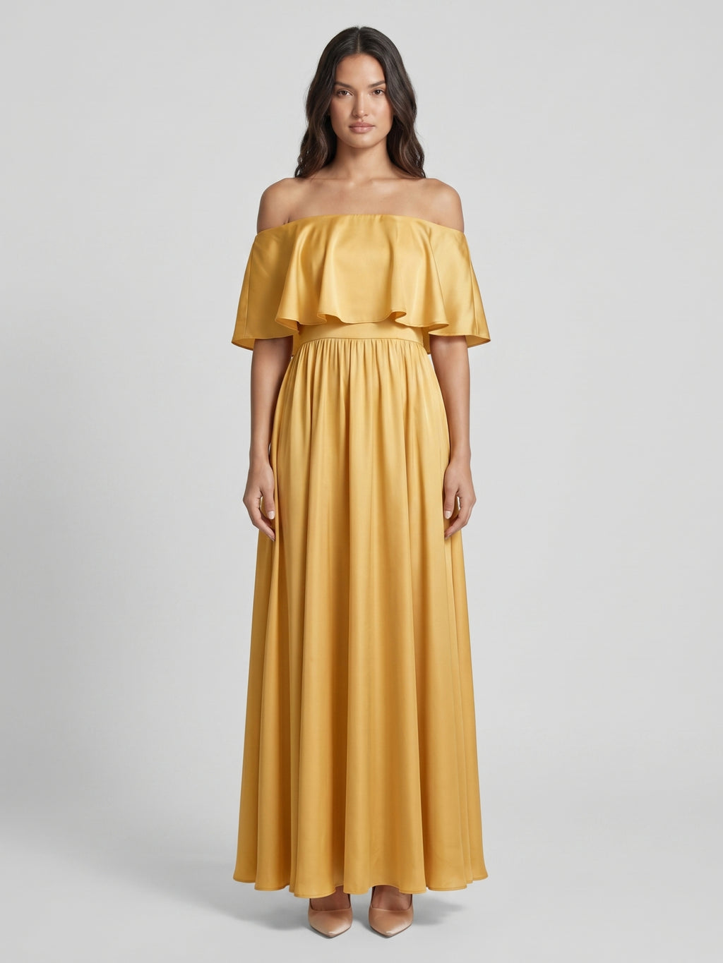 Gold Satin A-Line Off-the-Shoulder Side Zip Floor-Length Bridesmaid Dress with Ruffles
