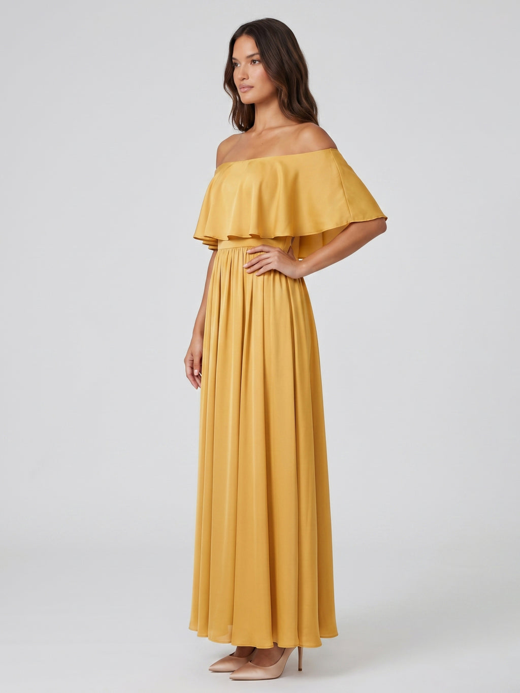 Gold Satin A-Line Off-the-Shoulder Side Zip Floor-Length Bridesmaid Dress with Ruffles
