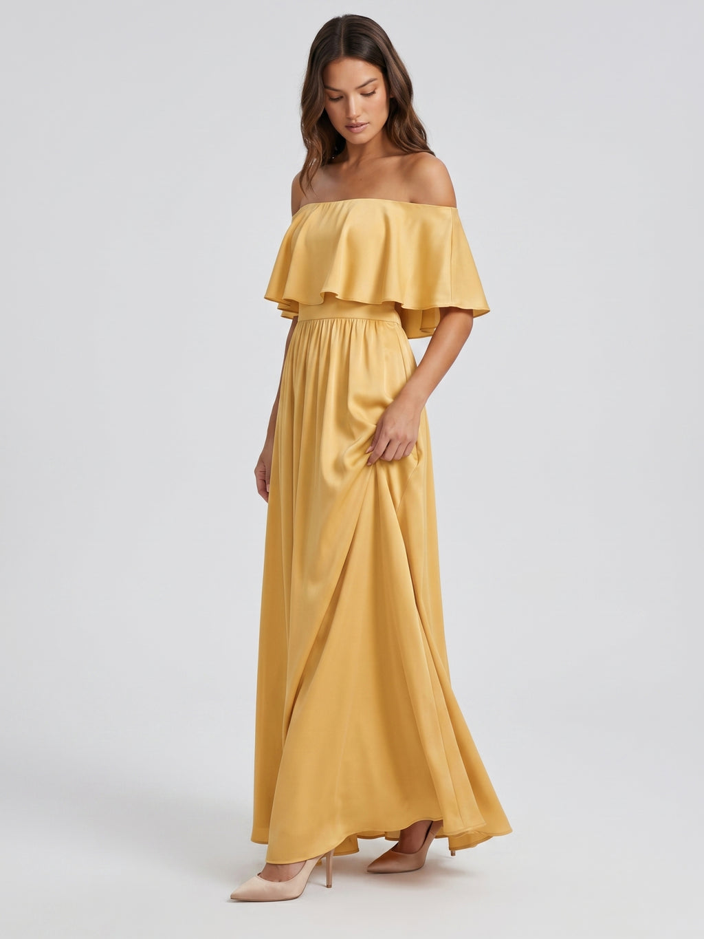 Gold Satin A-Line Off-the-Shoulder Side Zip Floor-Length Bridesmaid Dress with Ruffles