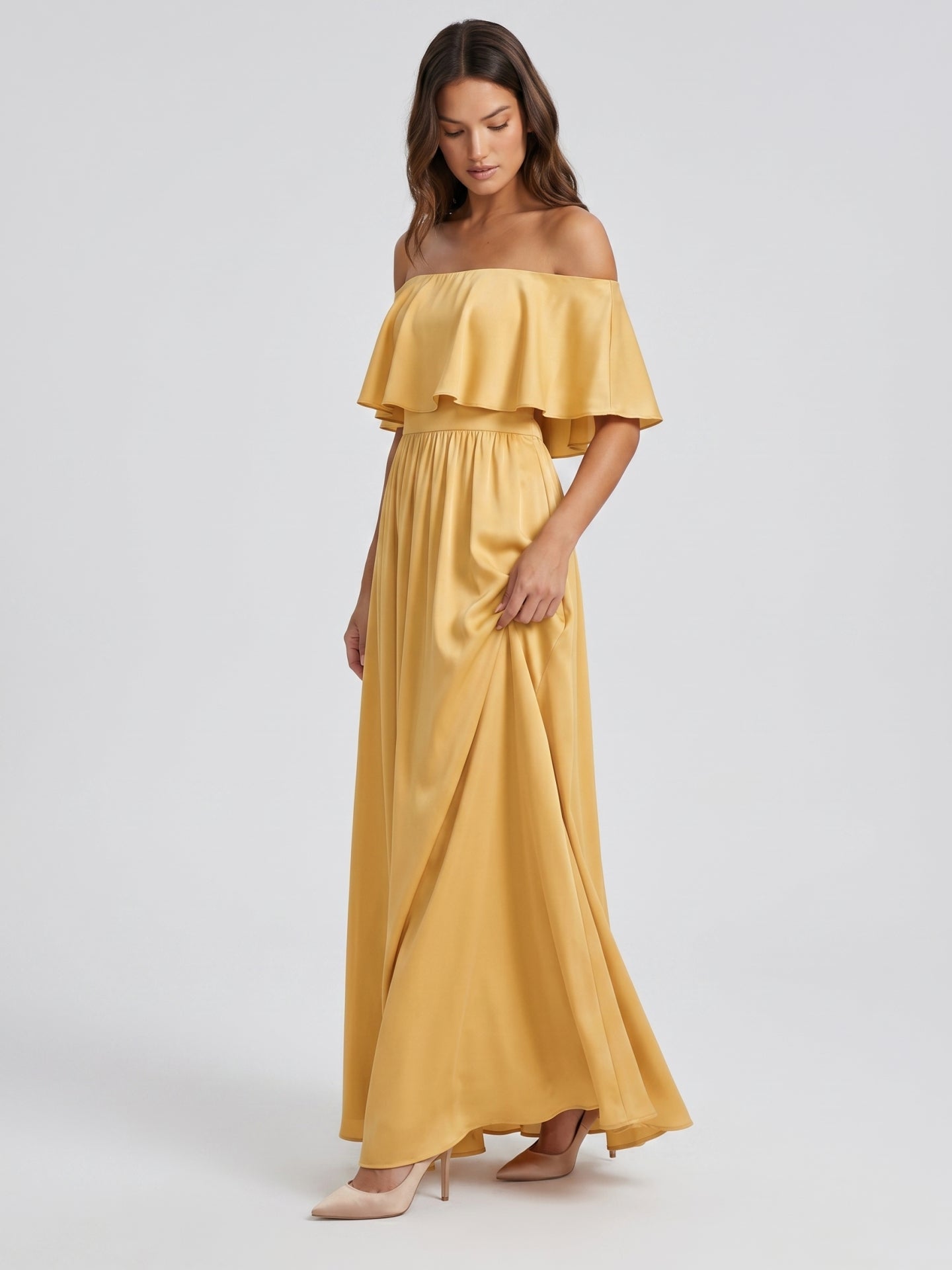Gold Satin A-Line Off-the-Shoulder Side Zip Floor-Length Bridesmaid Dress with Ruffles