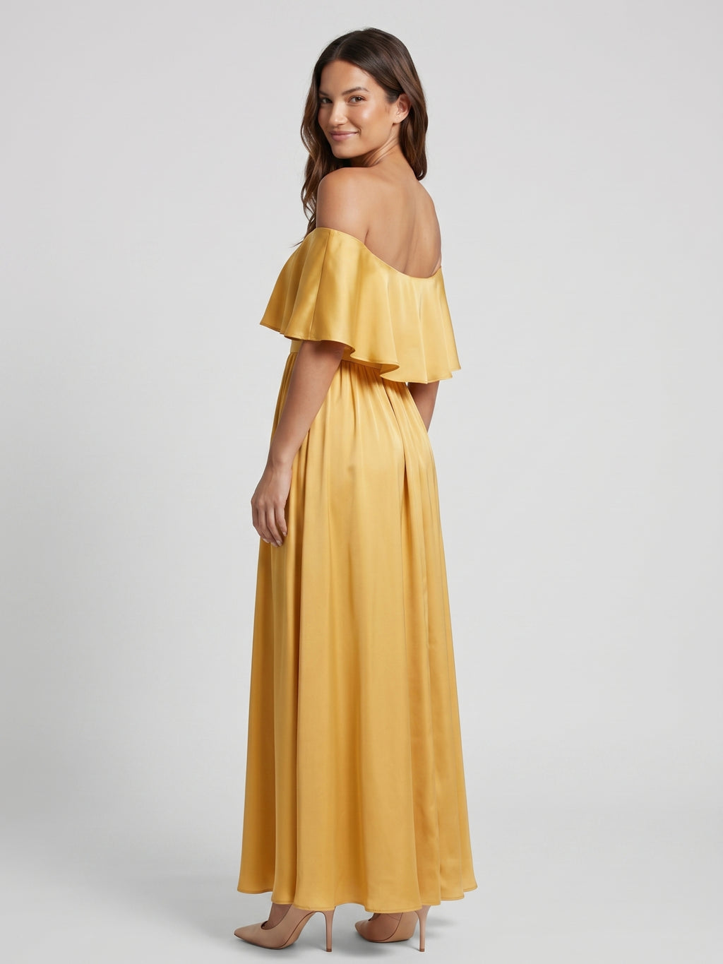 Gold Satin A-Line Off-the-Shoulder Side Zip Floor-Length Bridesmaid Dress with Ruffles