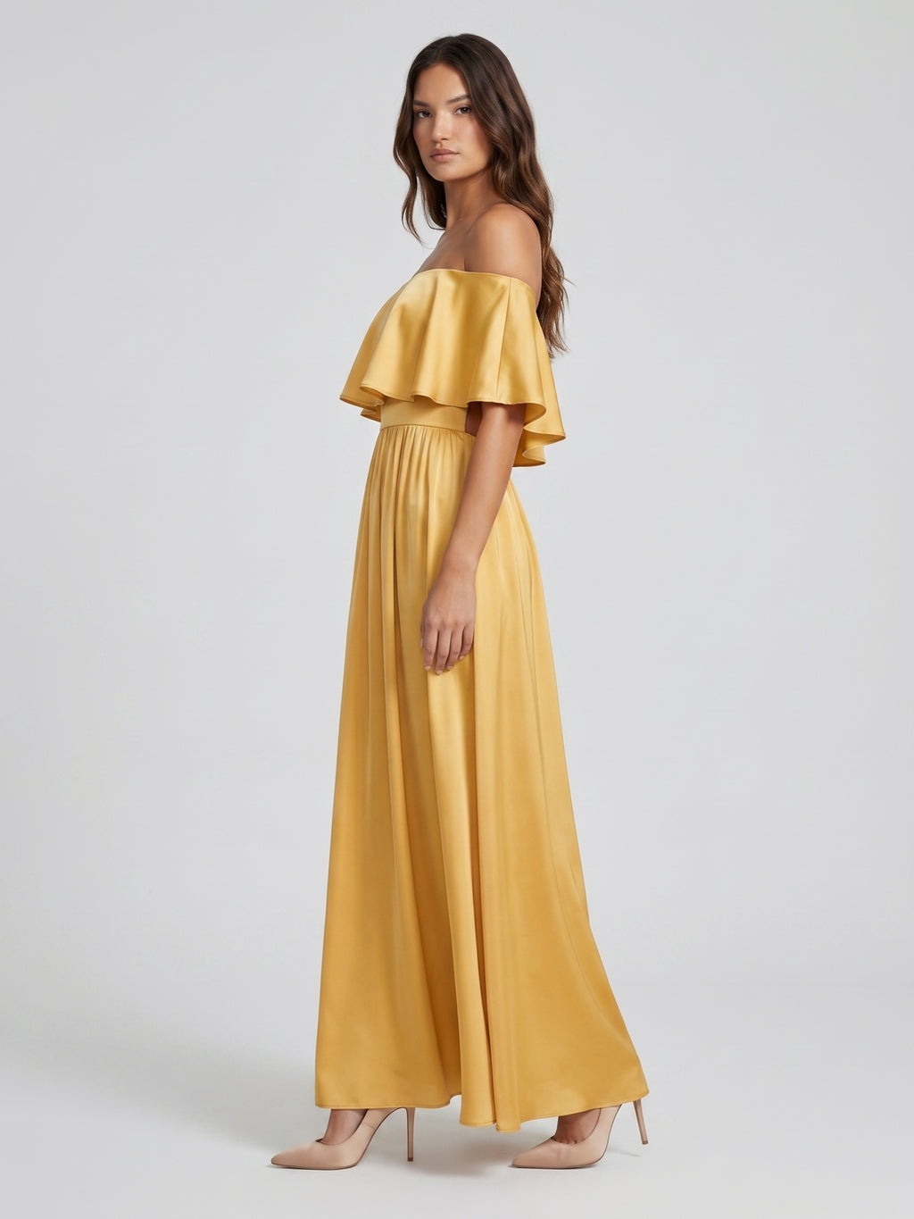 Gold Satin A-Line Off-the-Shoulder Side Zip Floor-Length Bridesmaid Dress with Ruffles