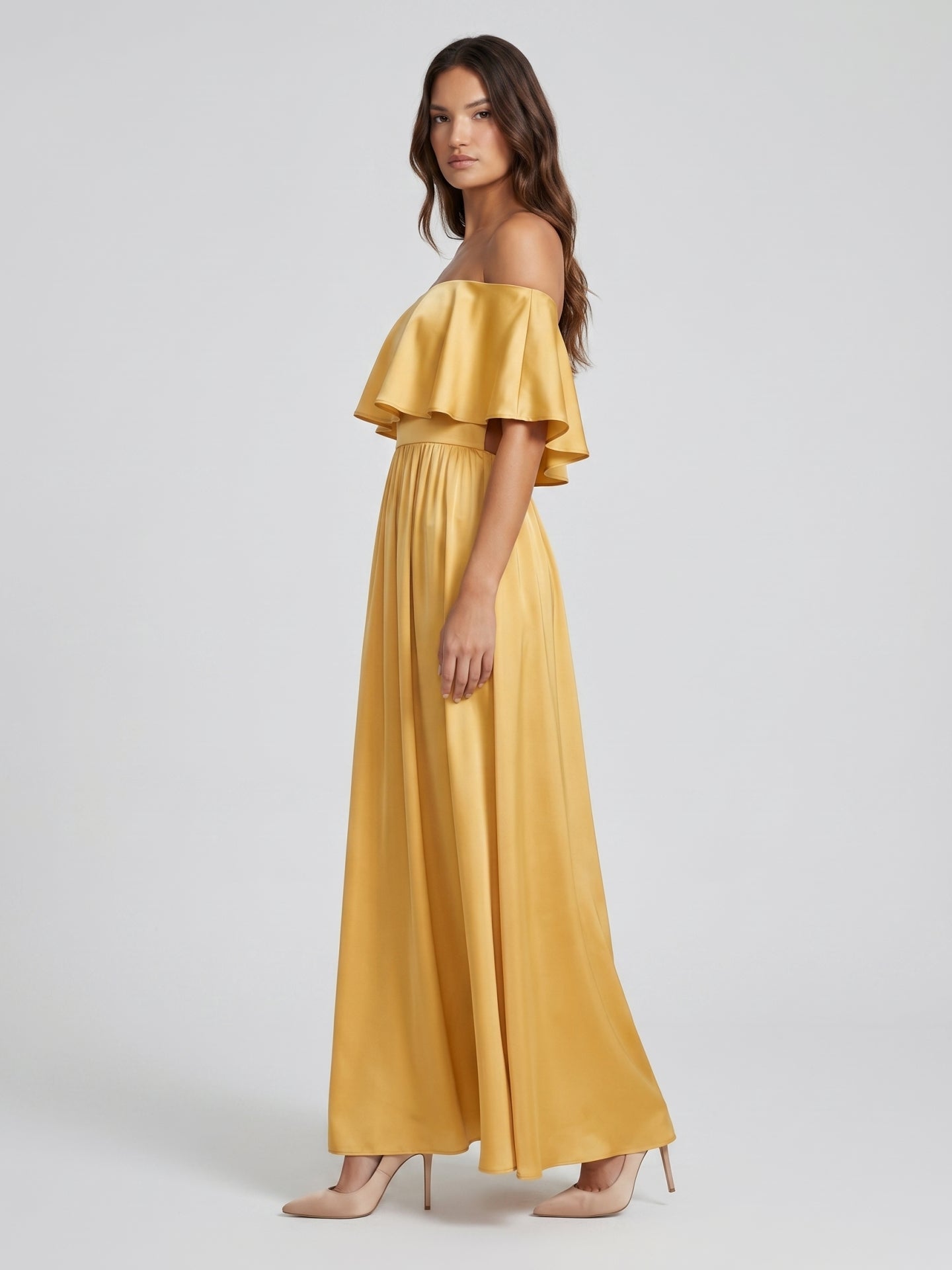 Gold Satin A-Line Off-the-Shoulder Side Zip Floor-Length Bridesmaid Dress with Ruffles
