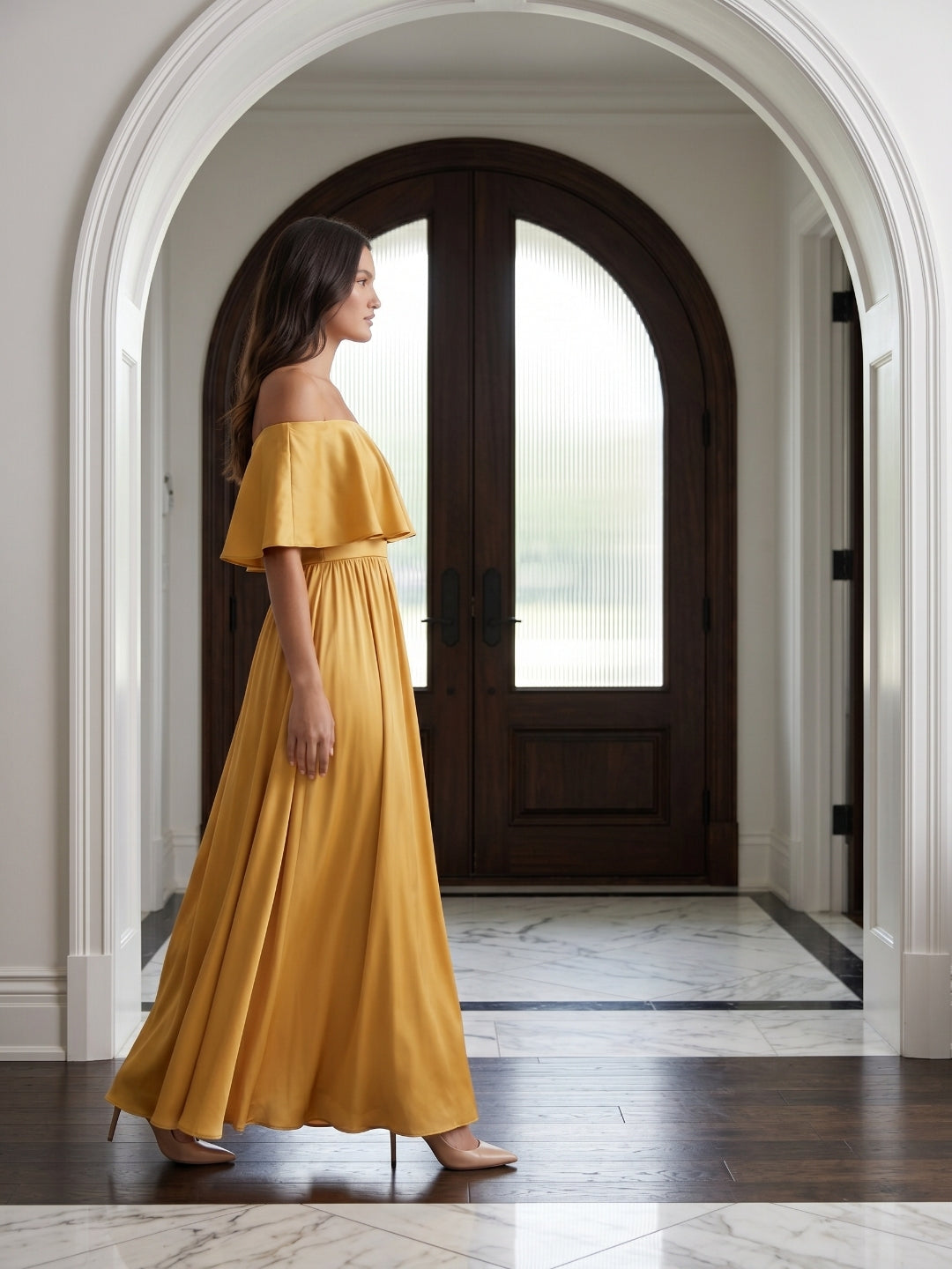 Gold Satin A-Line Off-the-Shoulder Side Zip Floor-Length Bridesmaid Dress with Ruffles