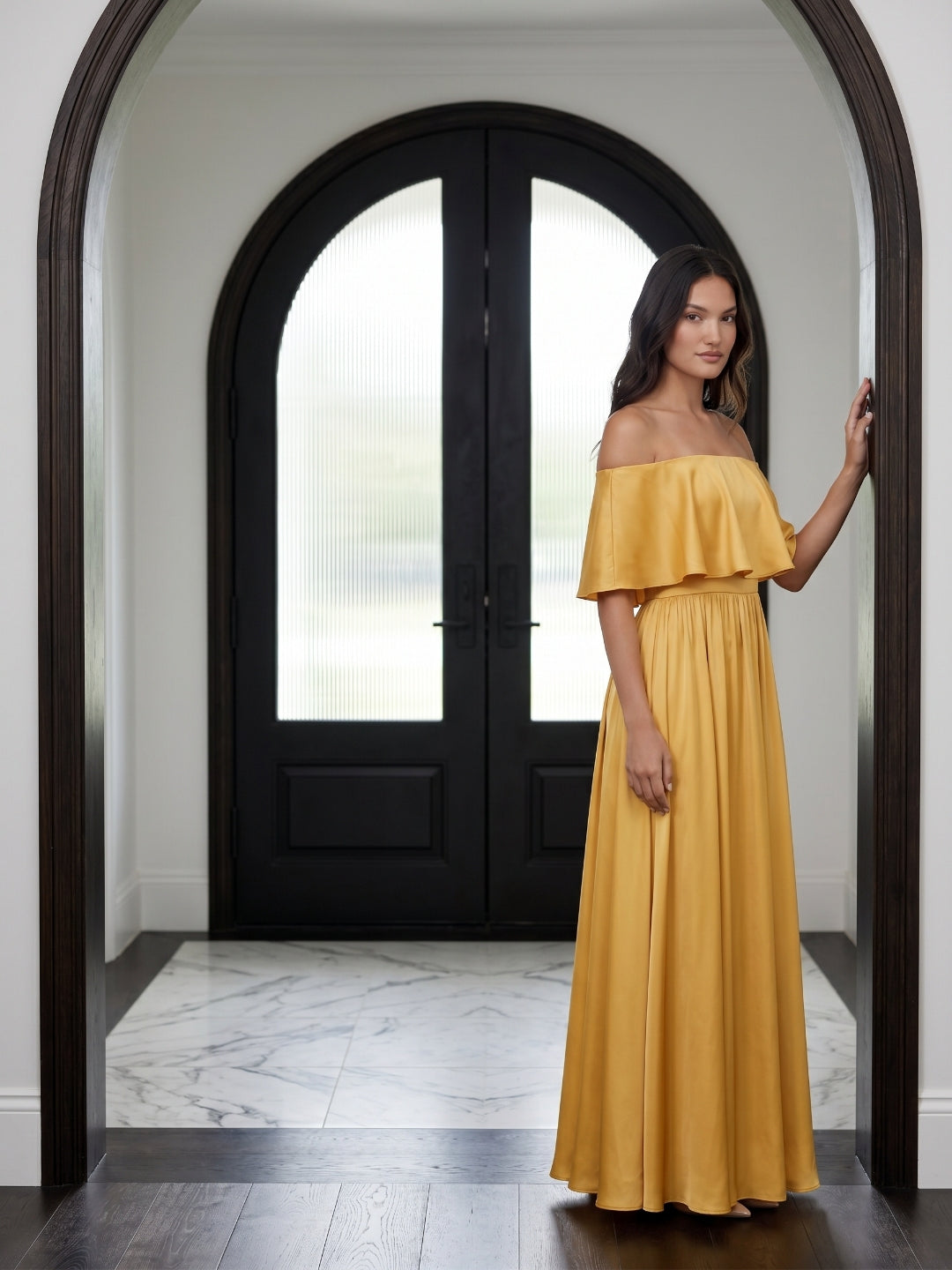 Gold Satin A-Line Off-the-Shoulder Side Zip Floor-Length Bridesmaid Dress with Ruffles