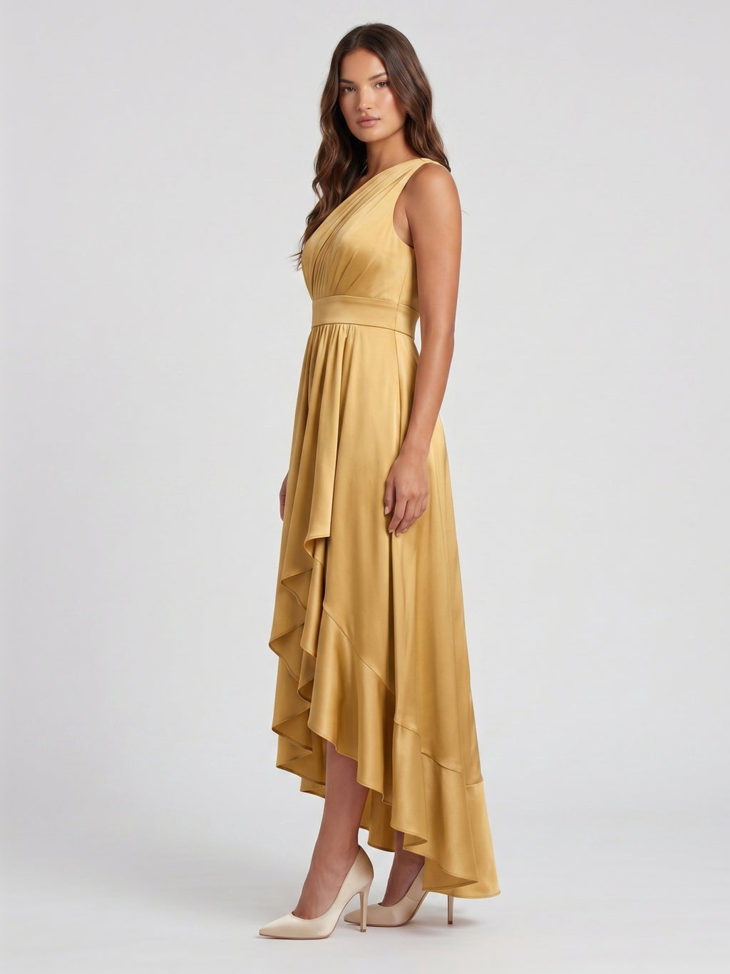 Gold Satin A-Line One Shoulder Backless Asymmetrical Bridesmaid Dress with Pleats