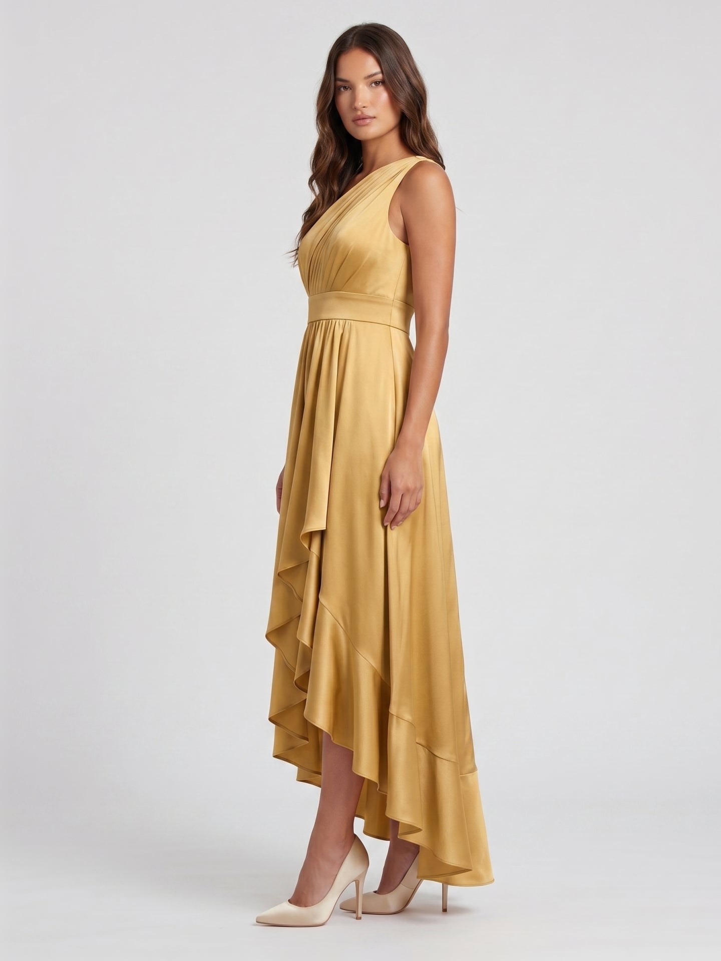 Gold Satin A-Line One Shoulder Backless Asymmetrical Bridesmaid Dress with Pleats