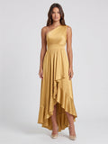 Gold Satin A-Line One Shoulder Backless Asymmetrical Bridesmaid Dress with Pleats