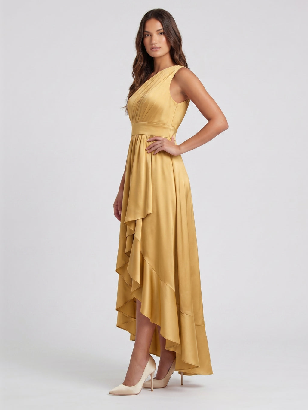 Gold Satin A-Line One Shoulder Backless Asymmetrical Bridesmaid Dress with Pleats