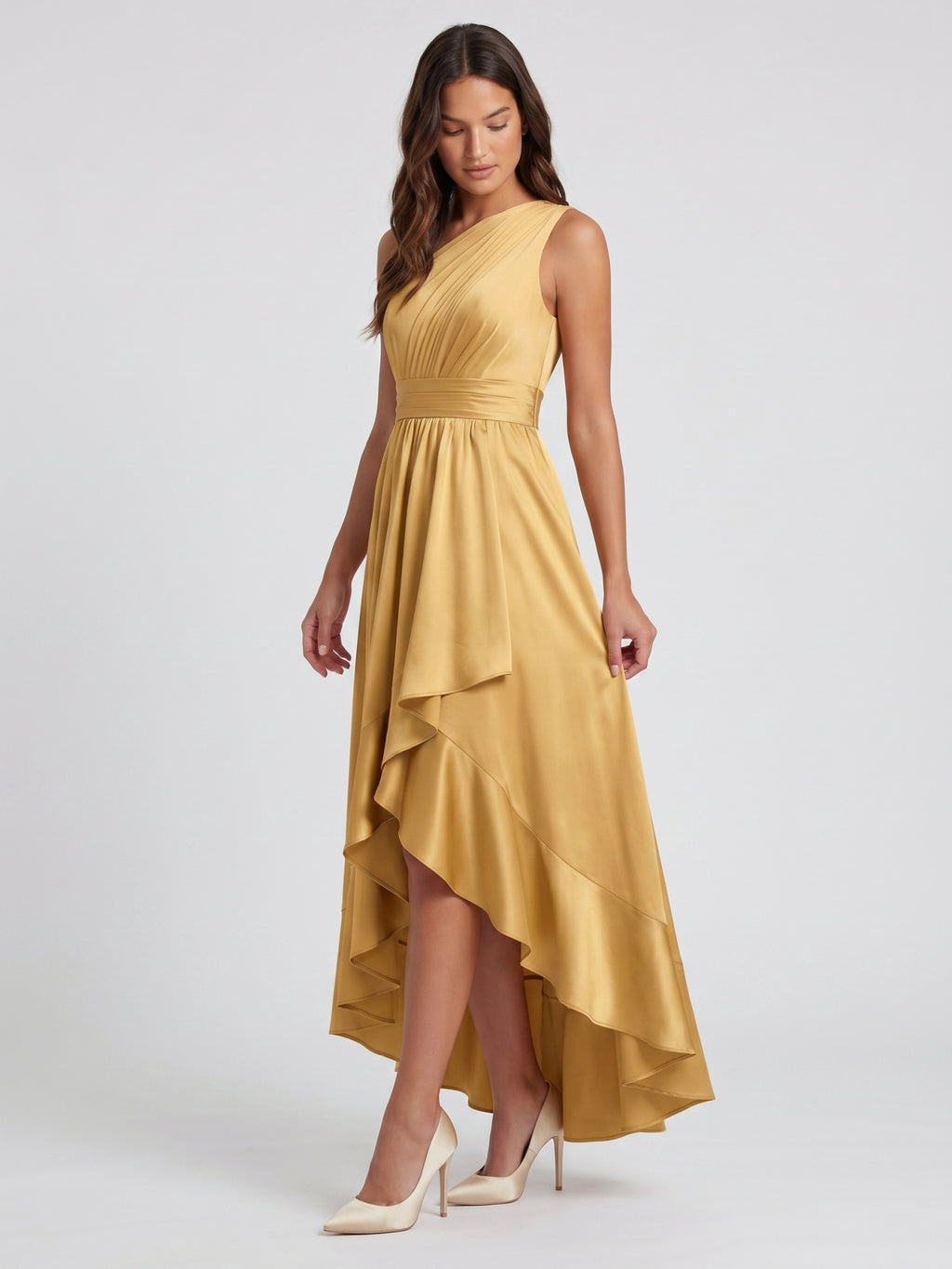 Gold Satin A-Line One Shoulder Backless Asymmetrical Bridesmaid Dress with Pleats