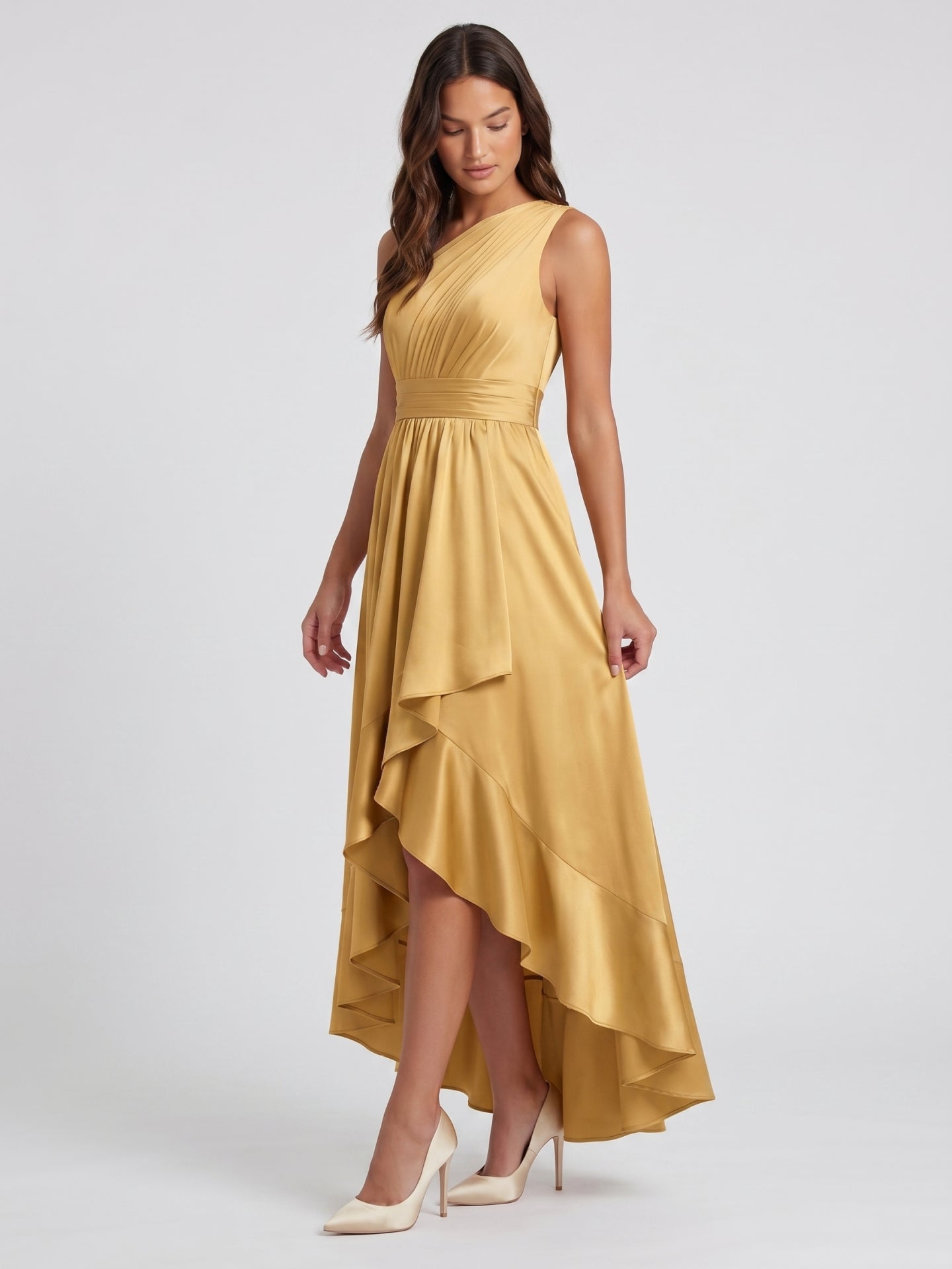 Gold Satin A-Line One Shoulder Backless Asymmetrical Bridesmaid Dress with Pleats