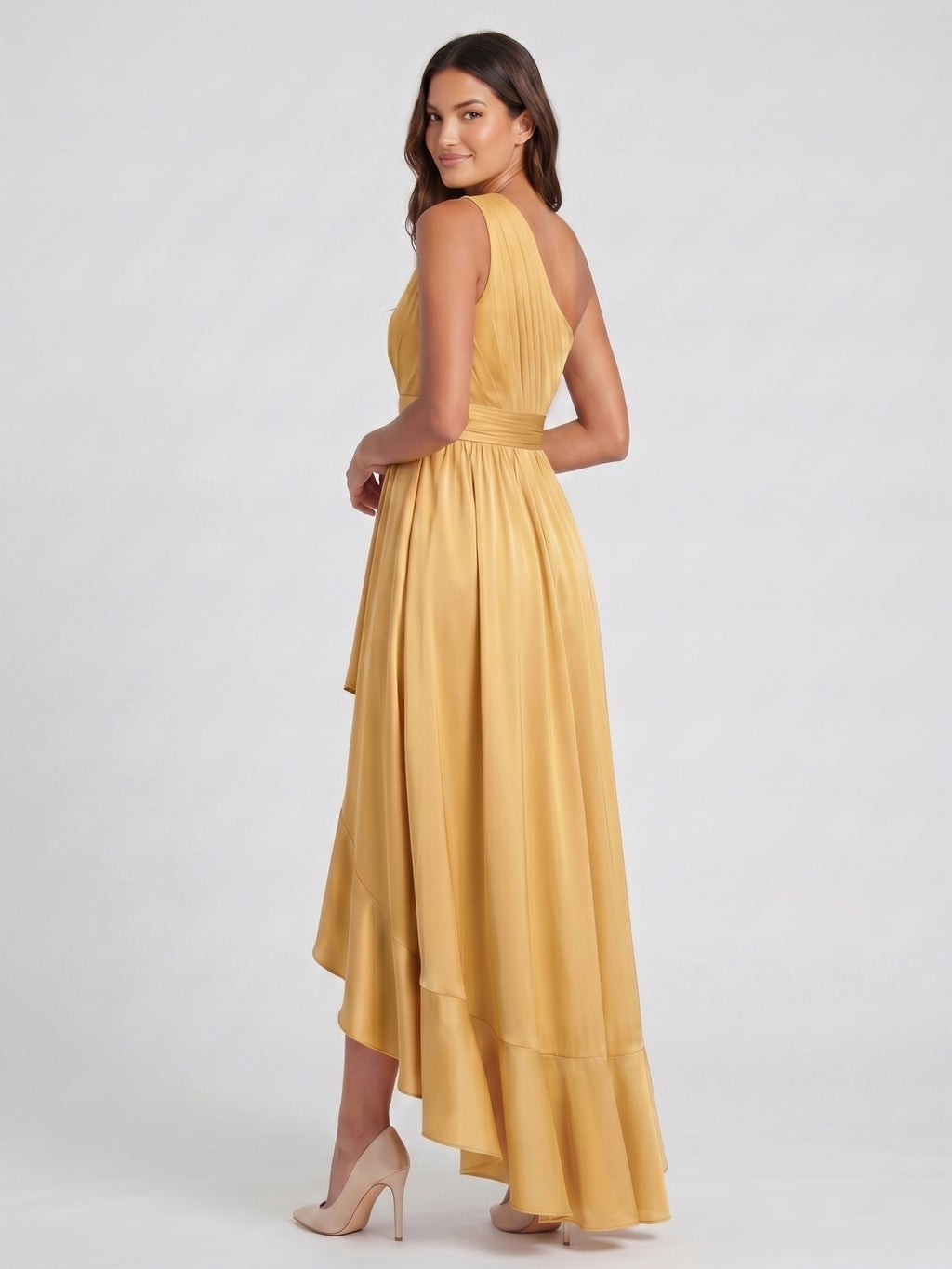 Gold Satin A-Line One Shoulder Backless Asymmetrical Bridesmaid Dress with Pleats