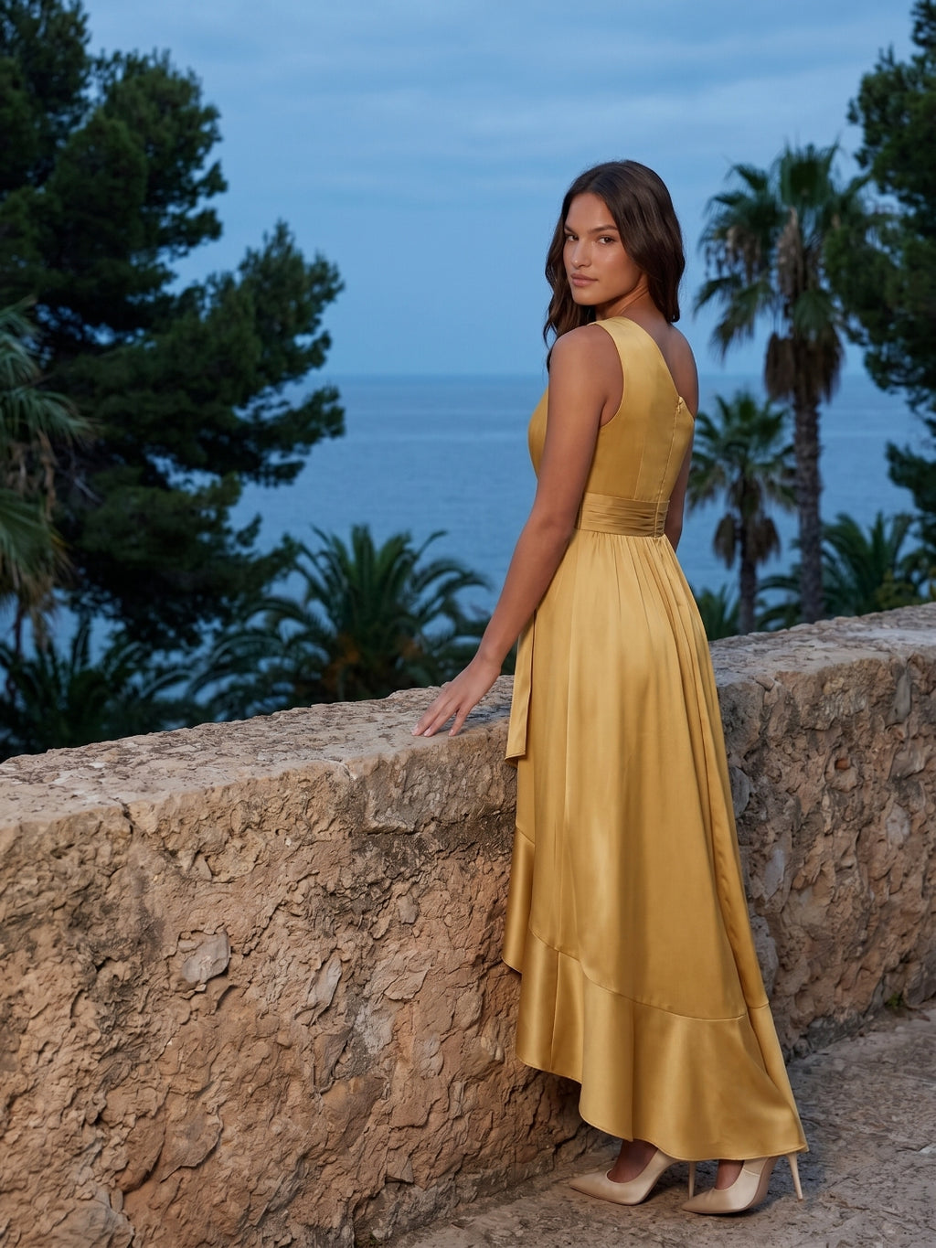 Gold Satin A-Line One Shoulder Backless Asymmetrical Bridesmaid Dress with Pleats