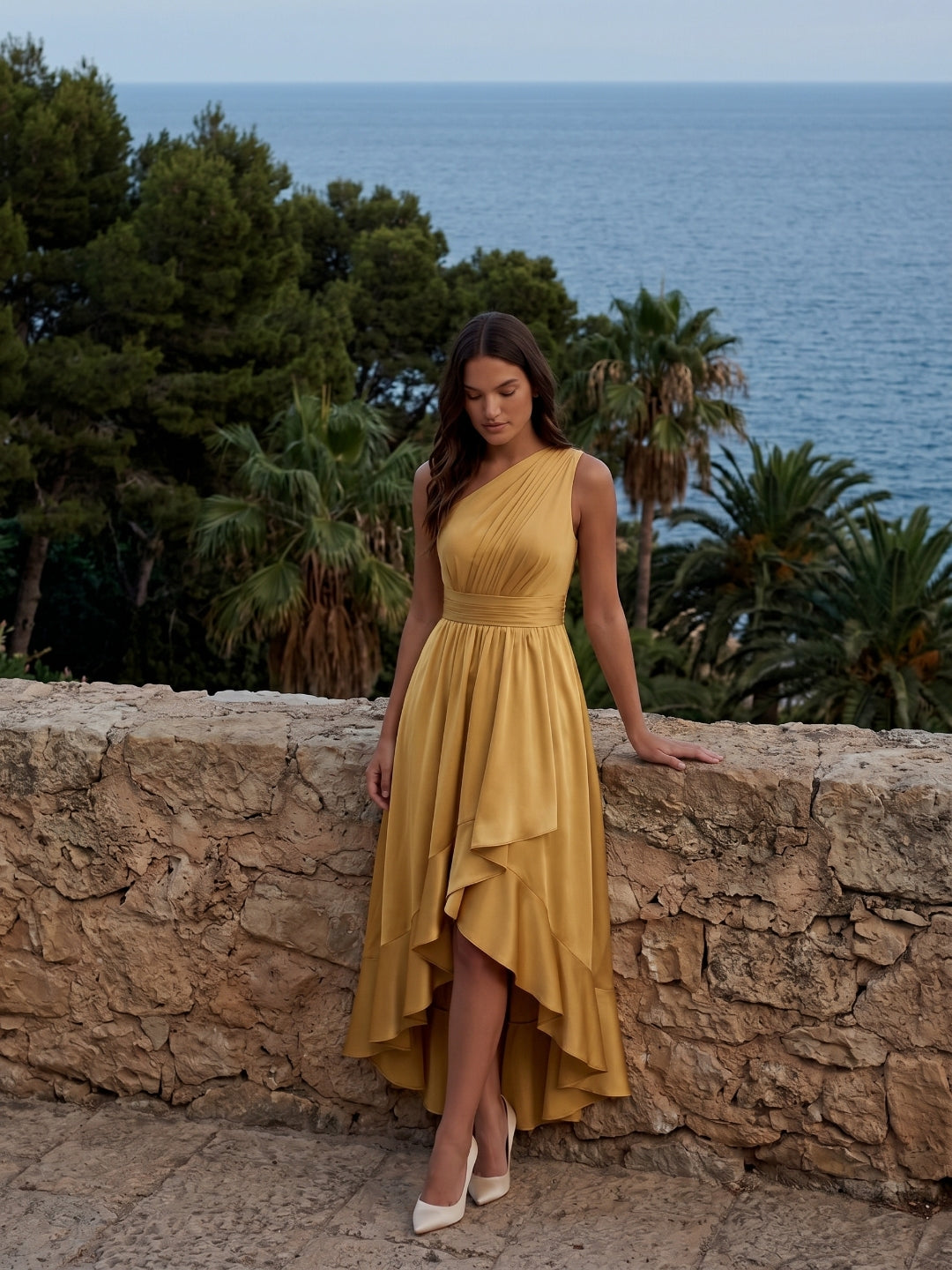 Gold Satin A-Line One Shoulder Backless Asymmetrical Bridesmaid Dress with Pleats