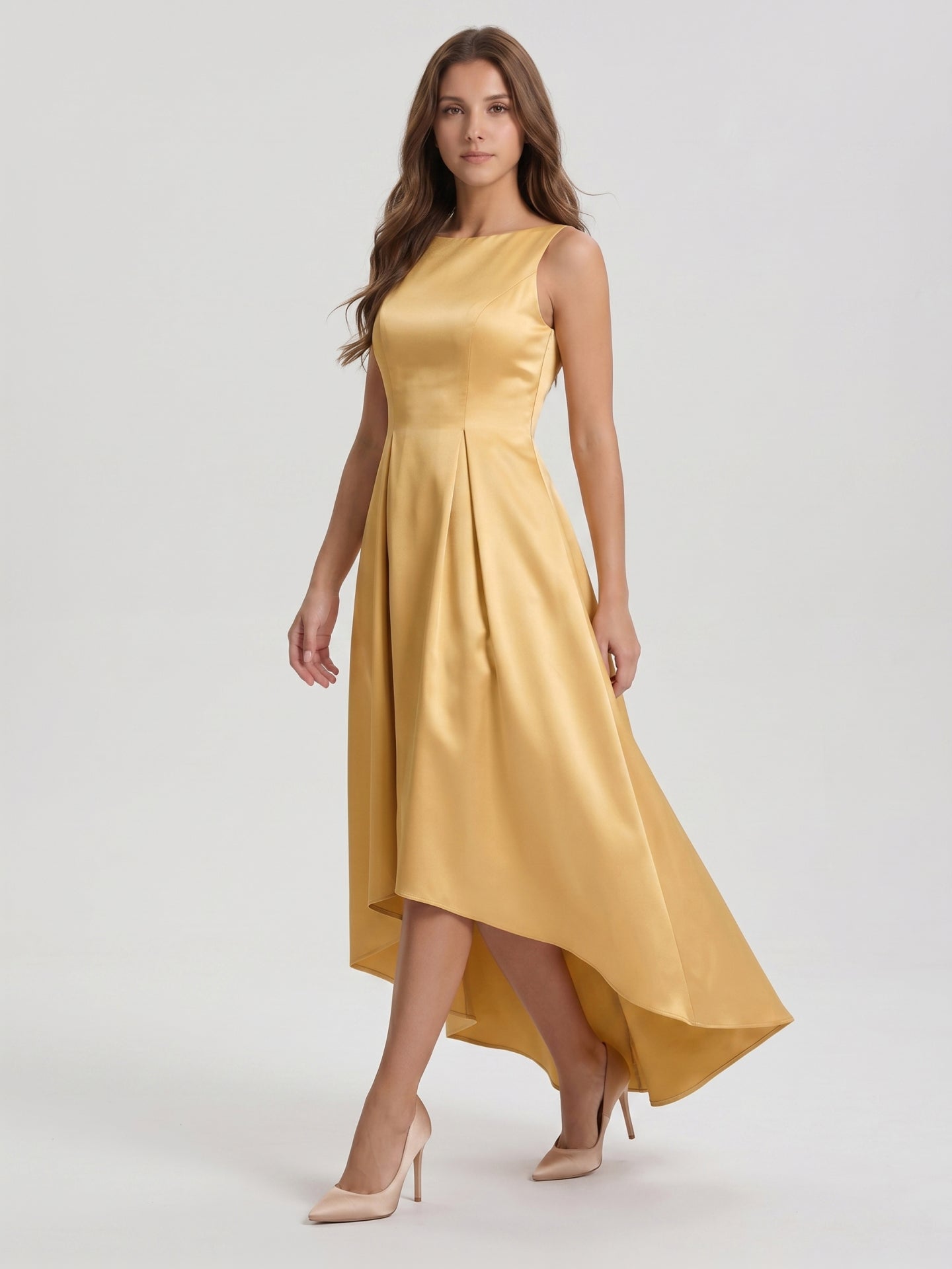Gold Satin A-Line Scoop Neck V-Back Asymmetrical Bridesmaid Dress with Pleats