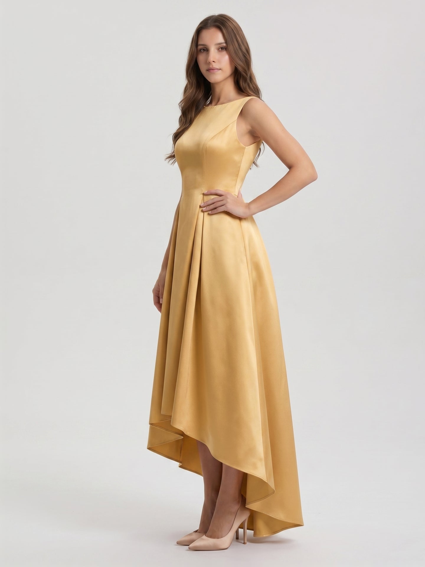 Gold Satin A-Line Scoop Neck V-Back Asymmetrical Bridesmaid Dress with Pleats