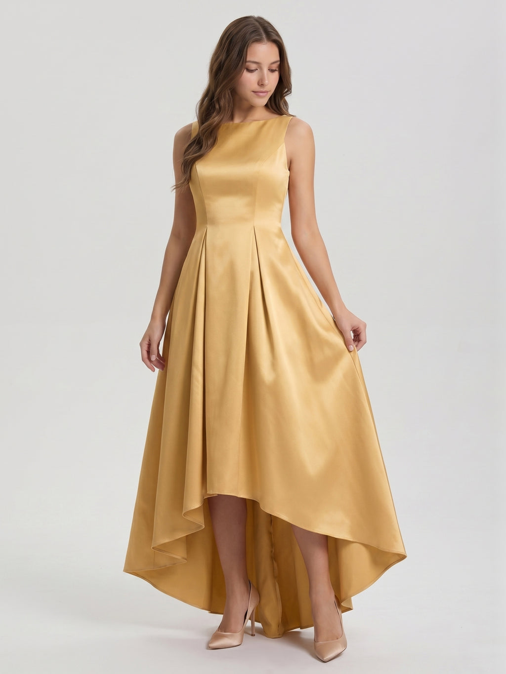 Gold Satin A-Line Scoop Neck V-Back Asymmetrical Bridesmaid Dress with Pleats