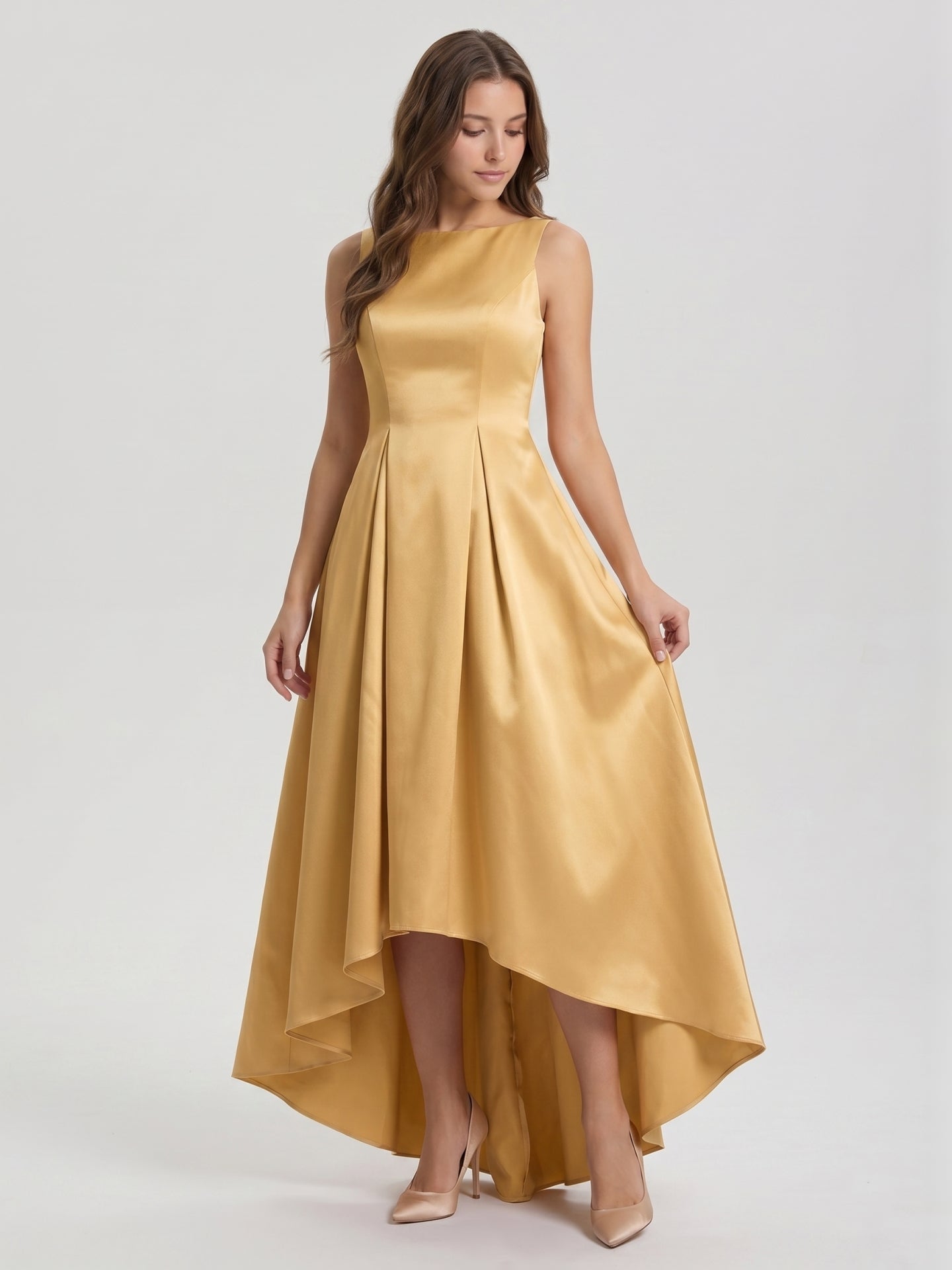 Gold Satin A-Line Scoop Neck V-Back Asymmetrical Bridesmaid Dress with Pleats