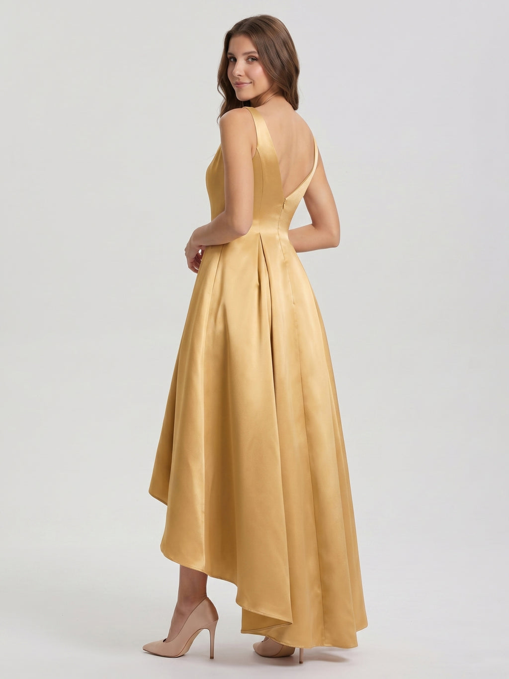 Gold Satin A-Line Scoop Neck V-Back Asymmetrical Bridesmaid Dress with Pleats
