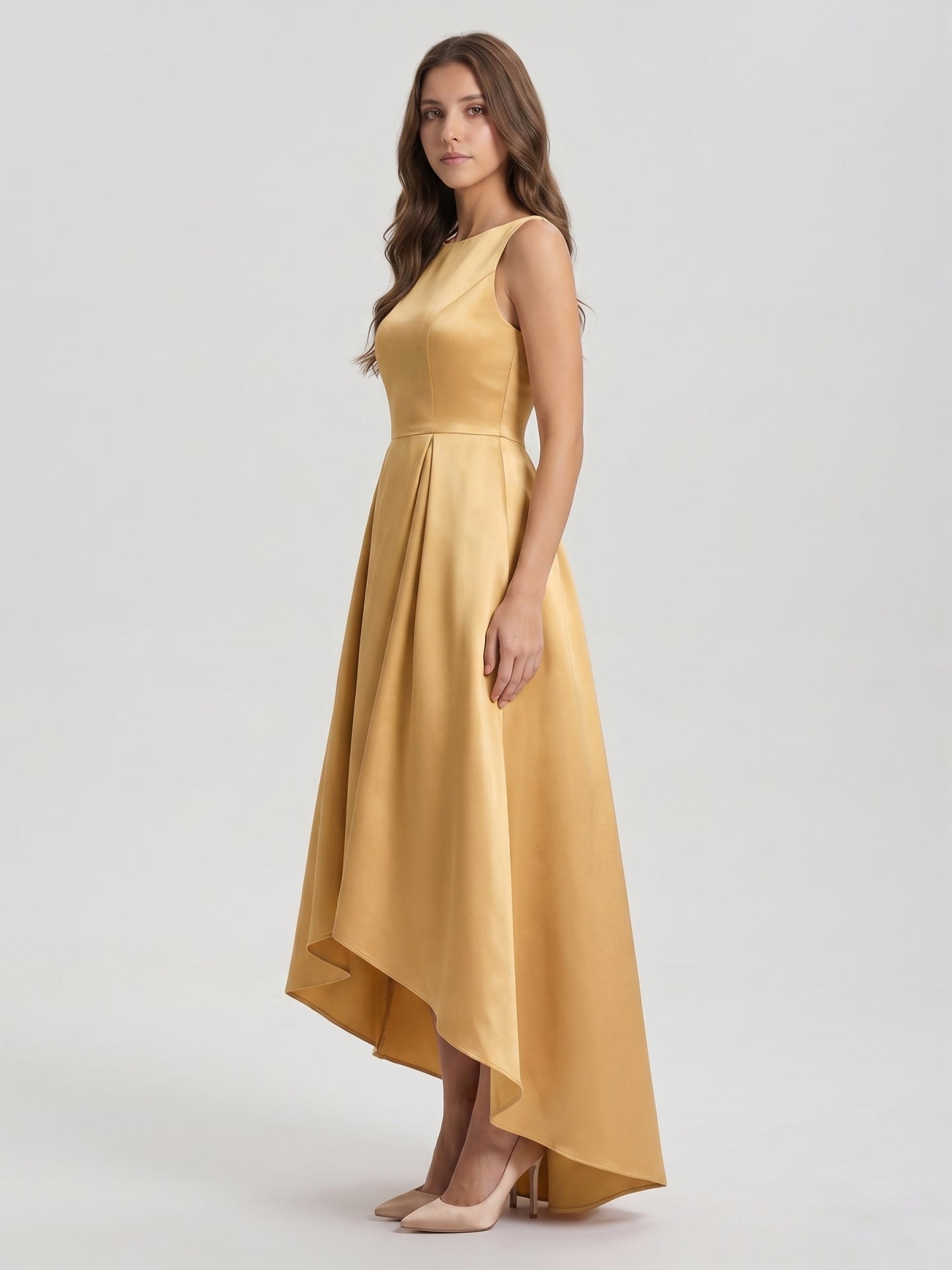 Gold Satin A-Line Scoop Neck V-Back Asymmetrical Bridesmaid Dress with Pleats