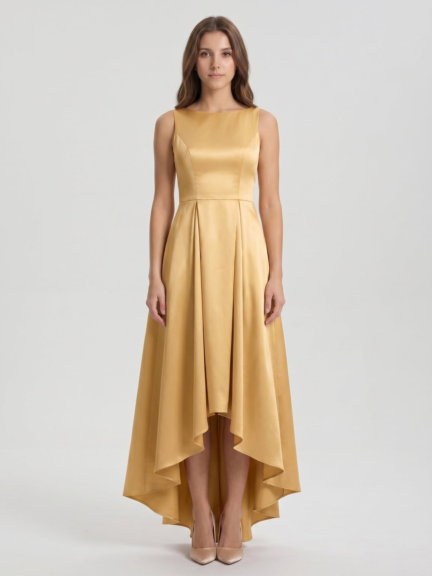 Gold Satin A-Line Scoop Neck V-Back Asymmetrical Bridesmaid Dress with Pleats