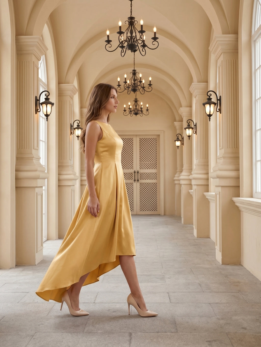 Gold Satin A-Line Scoop Neck V-Back Asymmetrical Bridesmaid Dress with Pleats