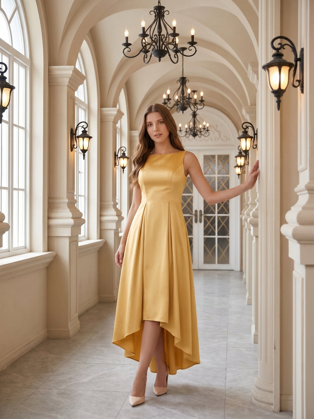 Gold Satin A-Line Scoop Neck V-Back Asymmetrical Bridesmaid Dress with Pleats