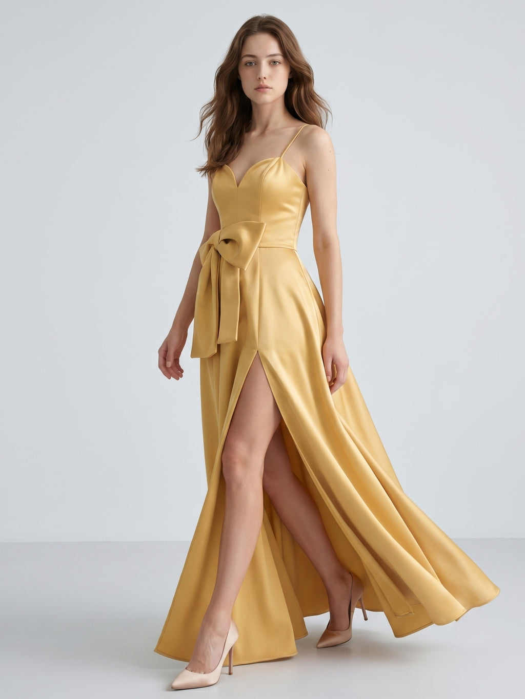 Gold Satin A-Line Square Neck Floor-Length Bridesmaid Dress with Bow