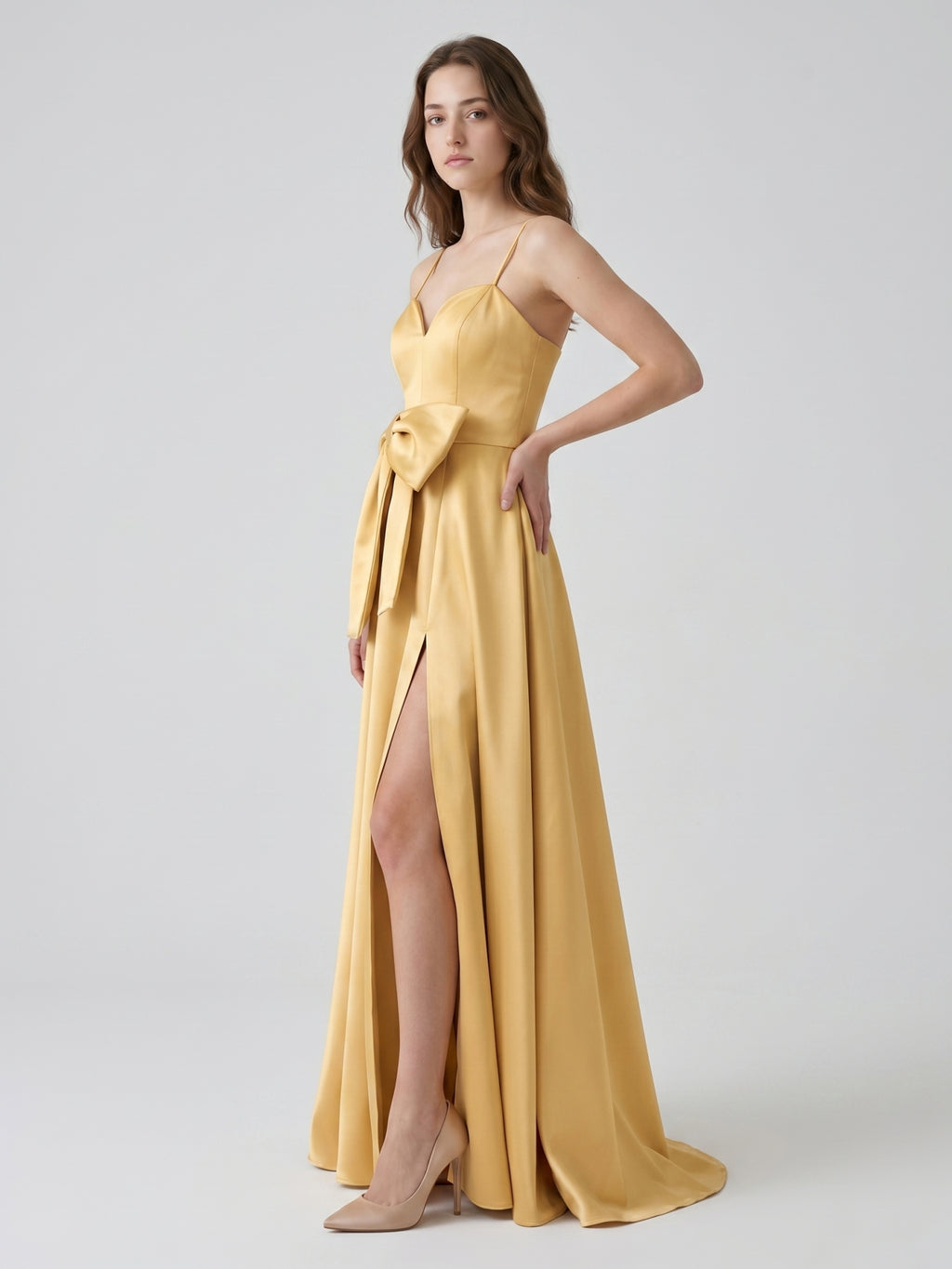 Gold Satin A-Line Square Neck Floor-Length Bridesmaid Dress with Bow