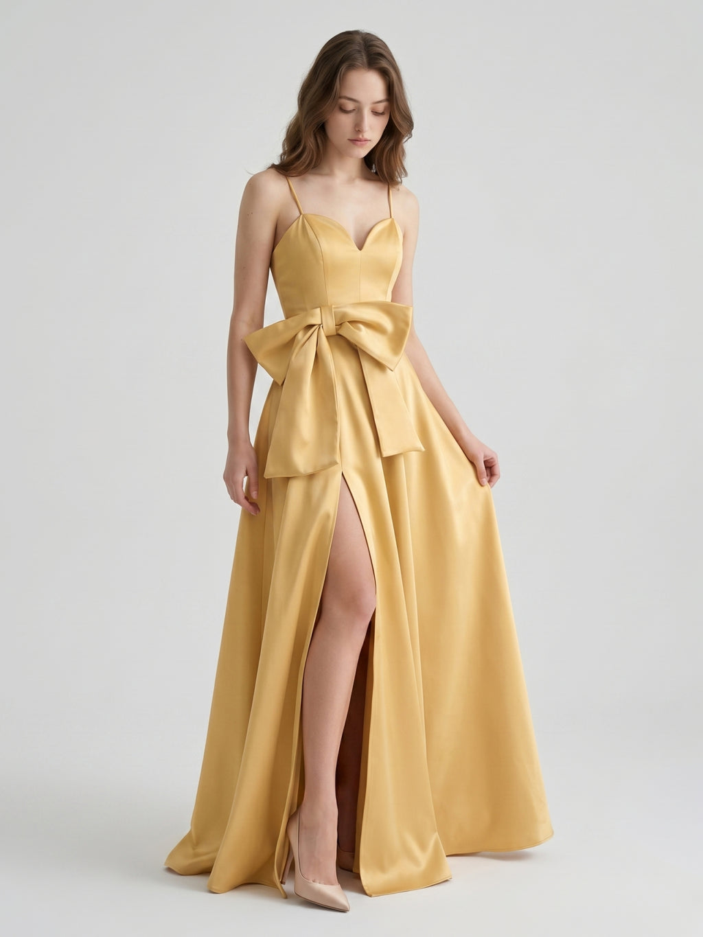 Gold Satin A-Line Square Neck Floor-Length Bridesmaid Dress with Bow