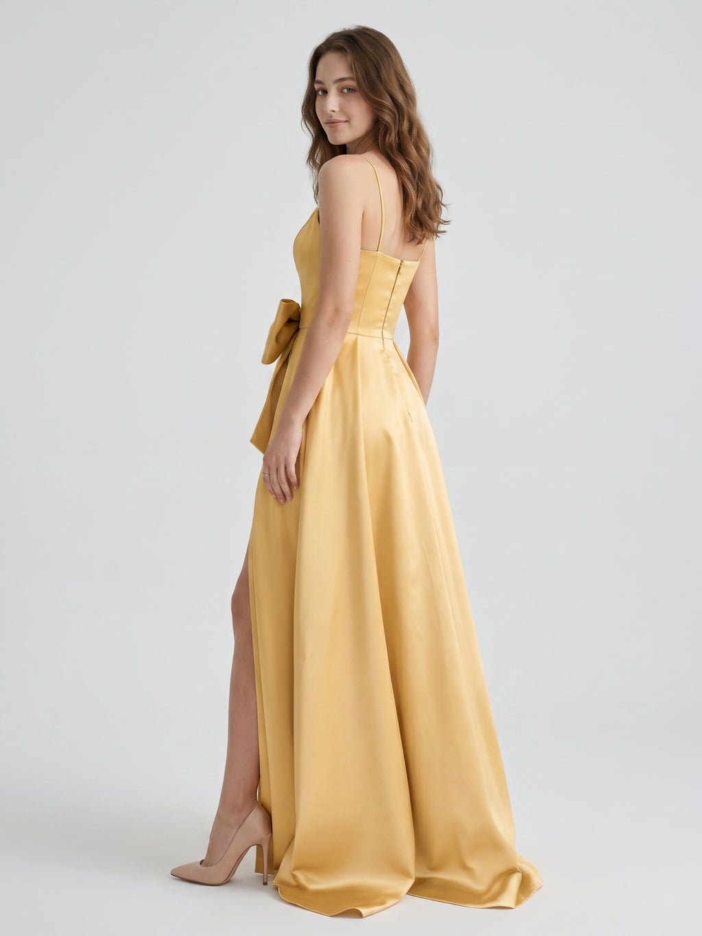 Gold Satin A-Line Square Neck Floor-Length Bridesmaid Dress with Bow